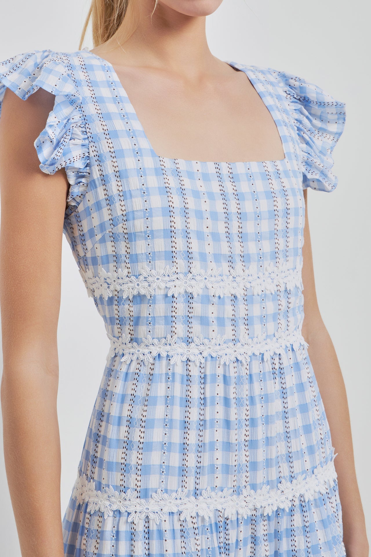 ENGLISH FACTORY - Floral Lace Gingham Printed Midi Dress - DRESSES available at Objectrare