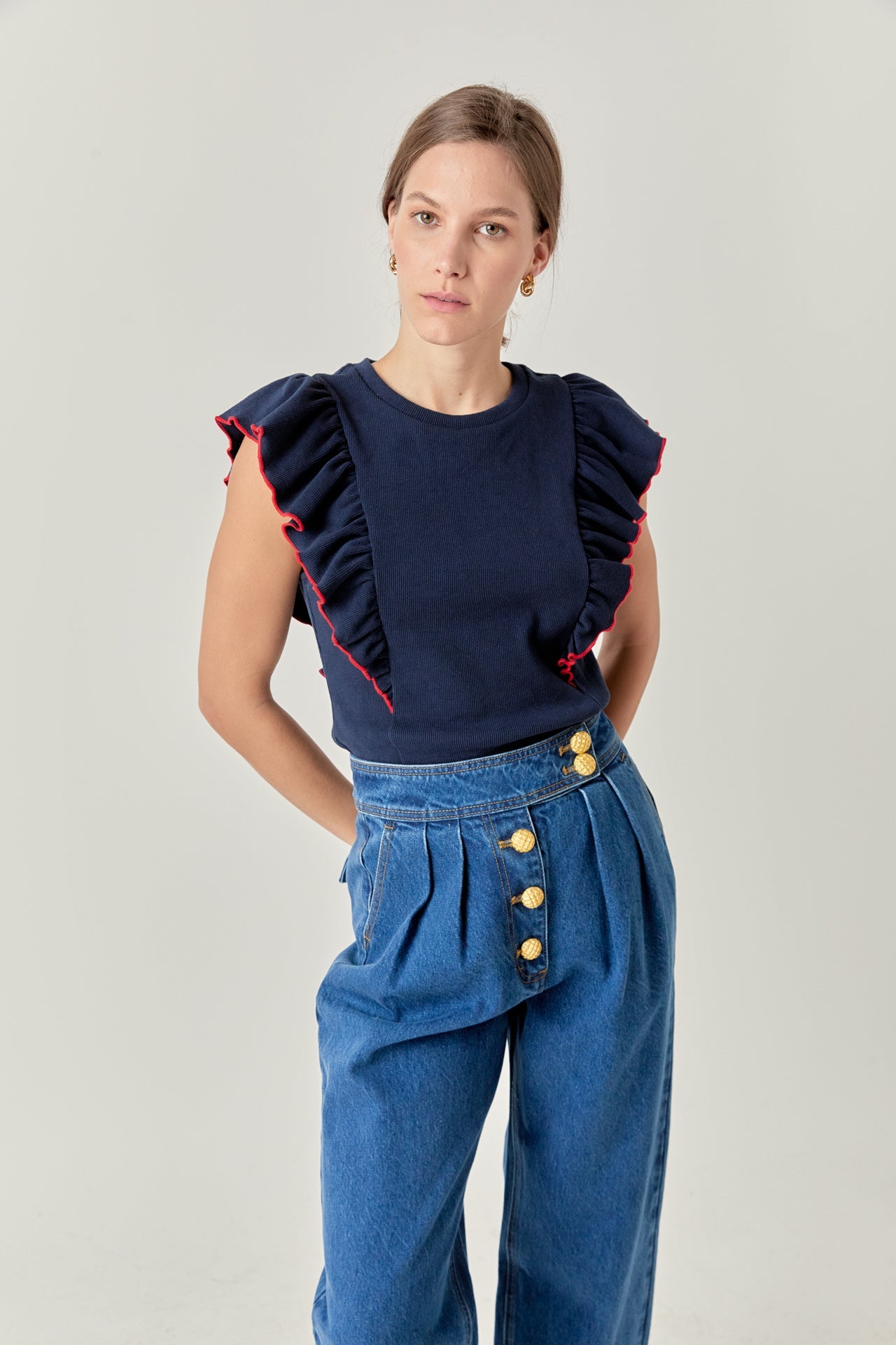 ENGLISH FACTORY - Contrast Merrow Detail Ruffled Knit Top - TOPS available at Objectrare