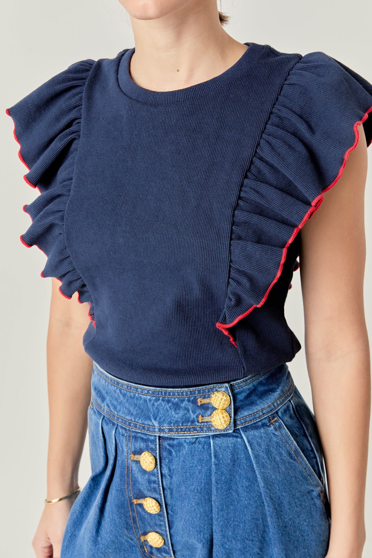 ENGLISH FACTORY - Contrast Merrow Detail Ruffled Knit Top - TOPS available at Objectrare