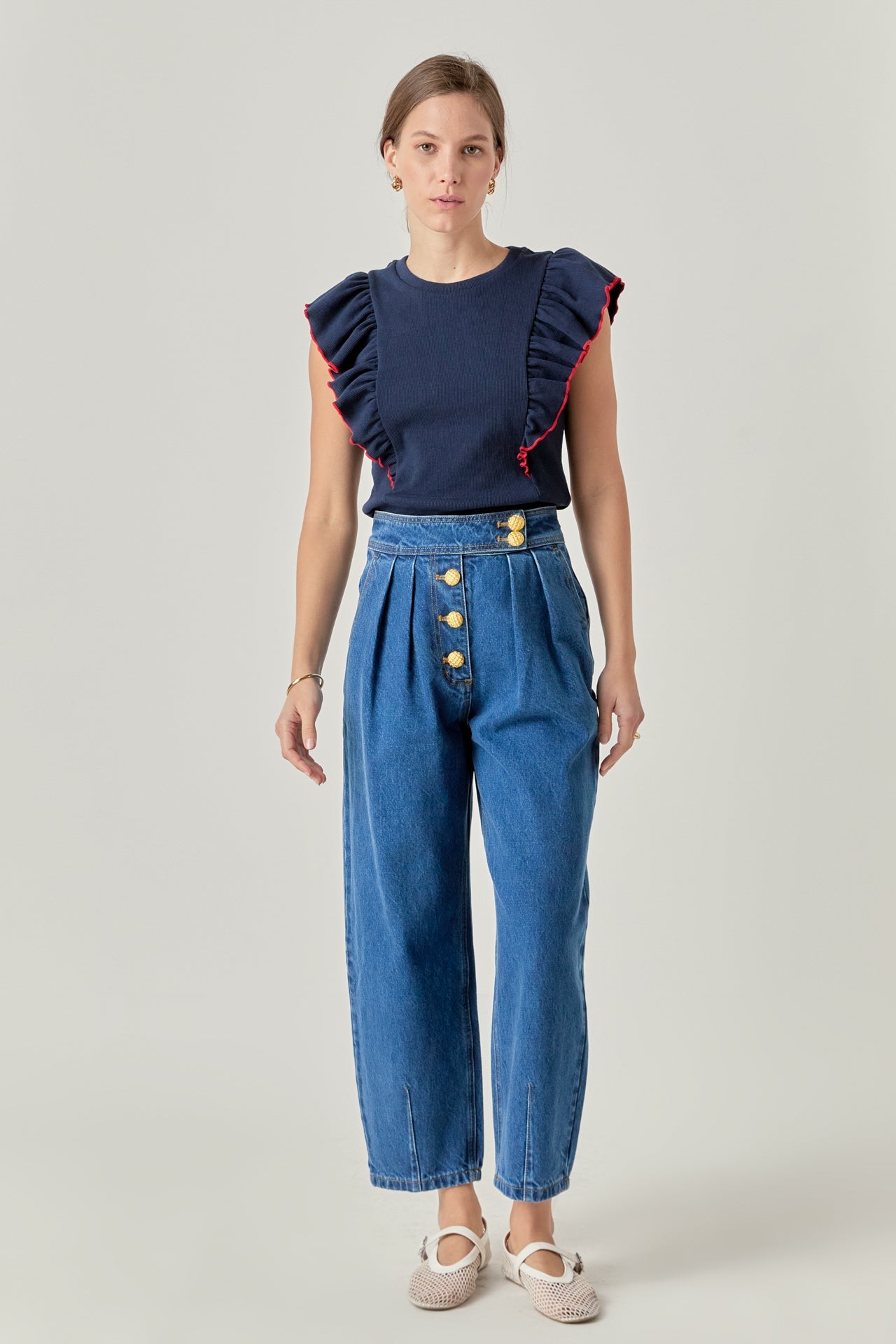 ENGLISH FACTORY - Contrast Merrow Detail Ruffled Knit Top - TOPS available at Objectrare
