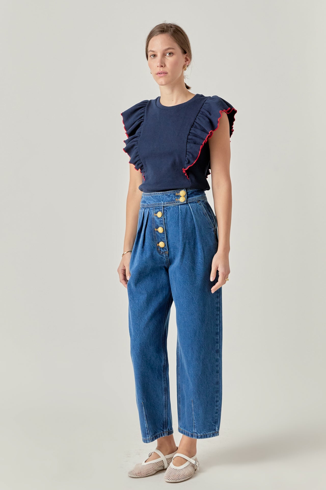 ENGLISH FACTORY - Contrast Merrow Detail Ruffled Knit Top - TOPS available at Objectrare