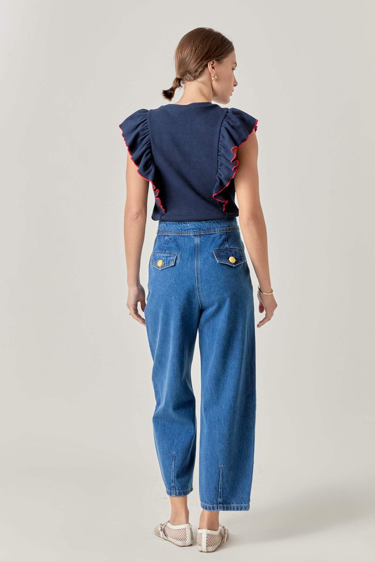 ENGLISH FACTORY - Contrast Merrow Detail Ruffled Knit Top - TOPS available at Objectrare