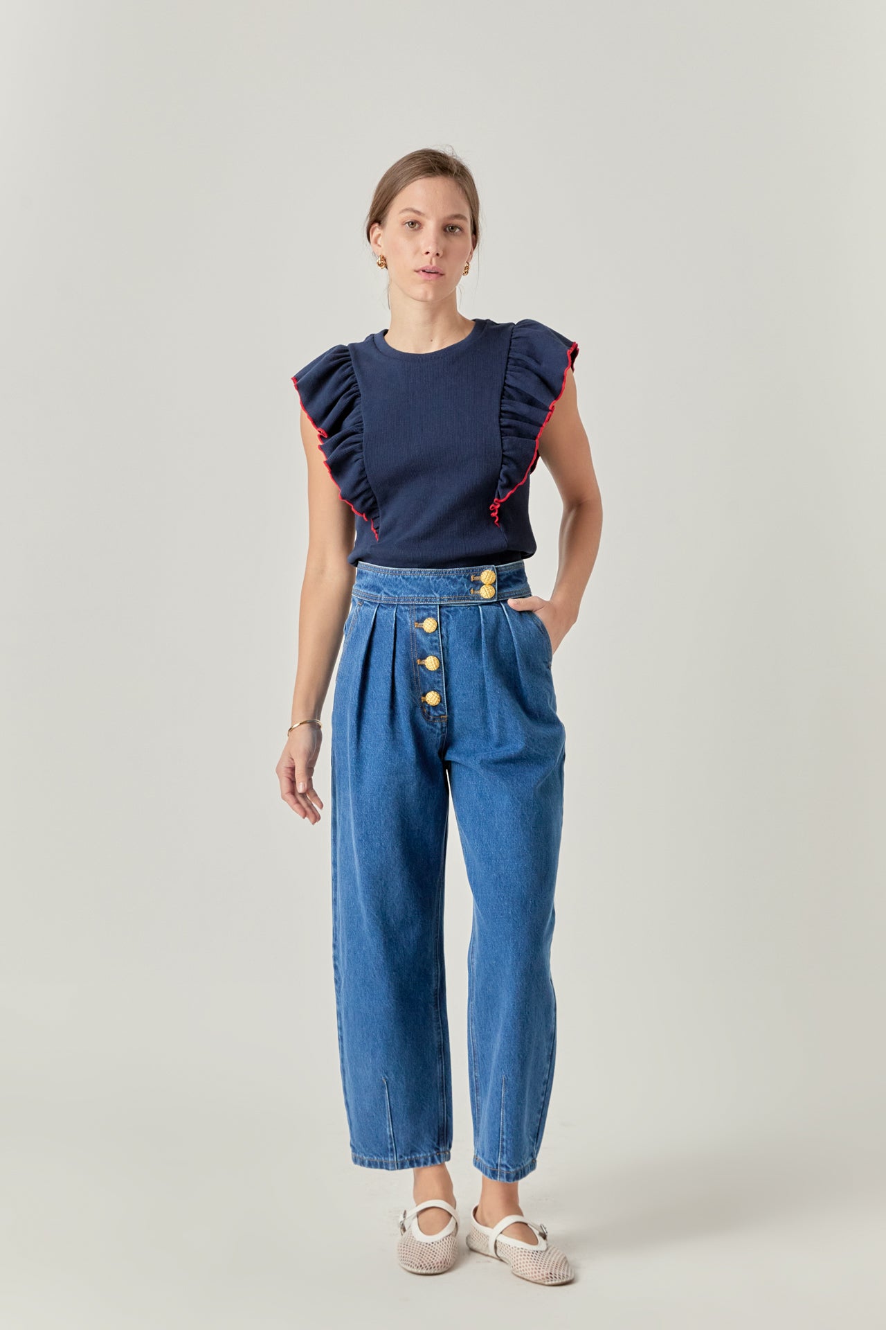 ENGLISH FACTORY - Contrast Merrow Detail Ruffled Knit Top - TOPS available at Objectrare