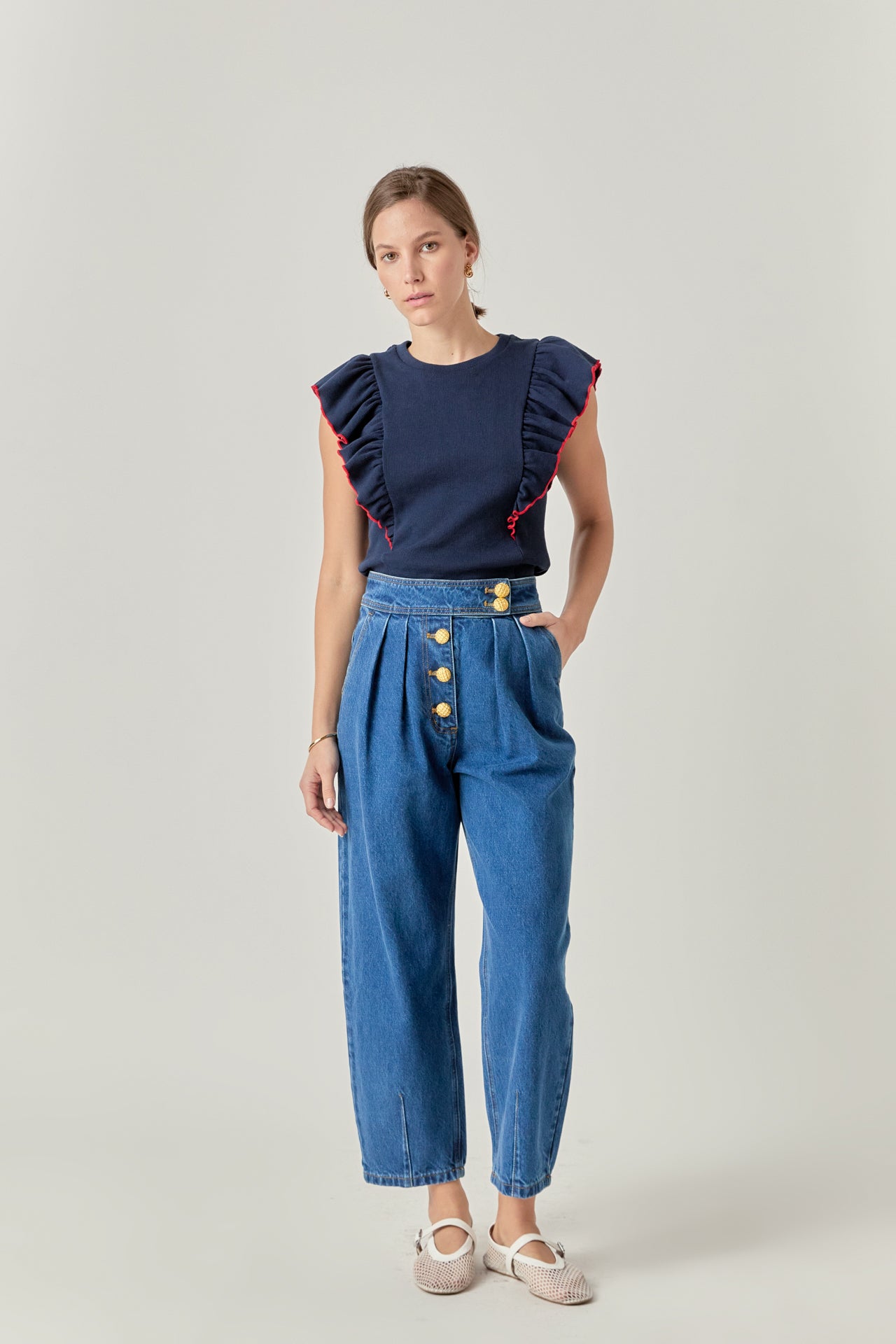 ENGLISH FACTORY - Contrast Merrow Detail Ruffled Knit Top - TOPS available at Objectrare