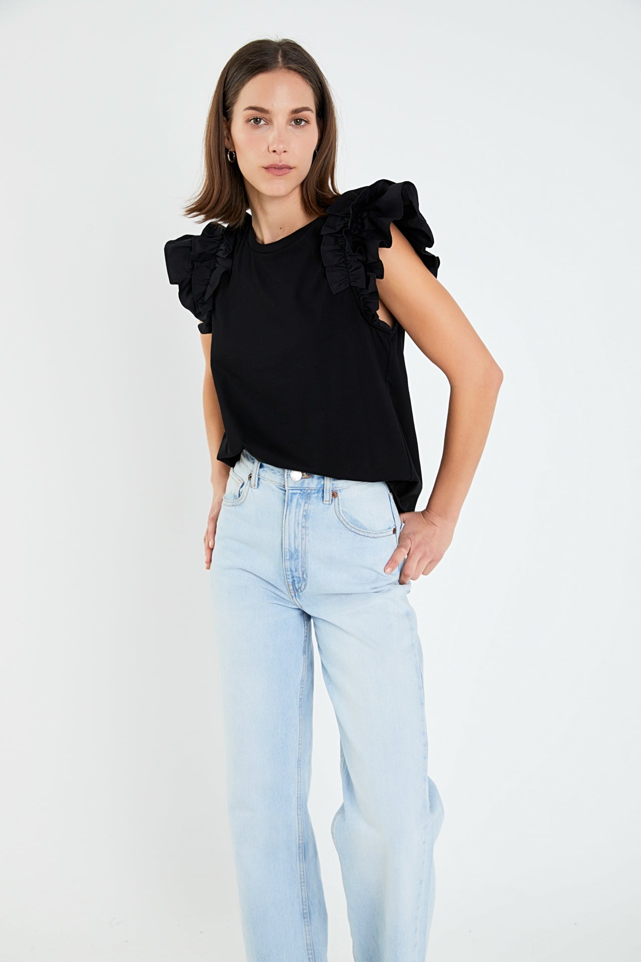 ENGLISH FACTORY - Mixed Media Ruffle Detail T-shirt - TOPS available at Objectrare