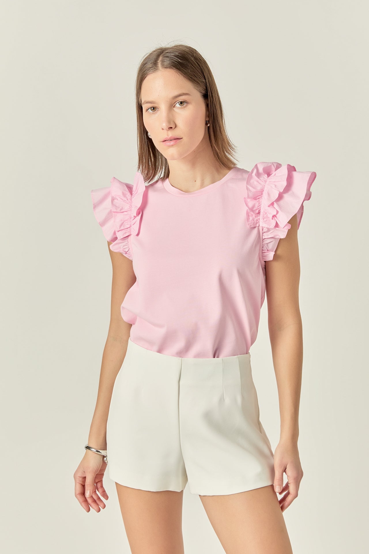 ENGLISH FACTORY - Mixed Media Ruffle Detail T-shirt - T-SHIRTS available at Objectrare