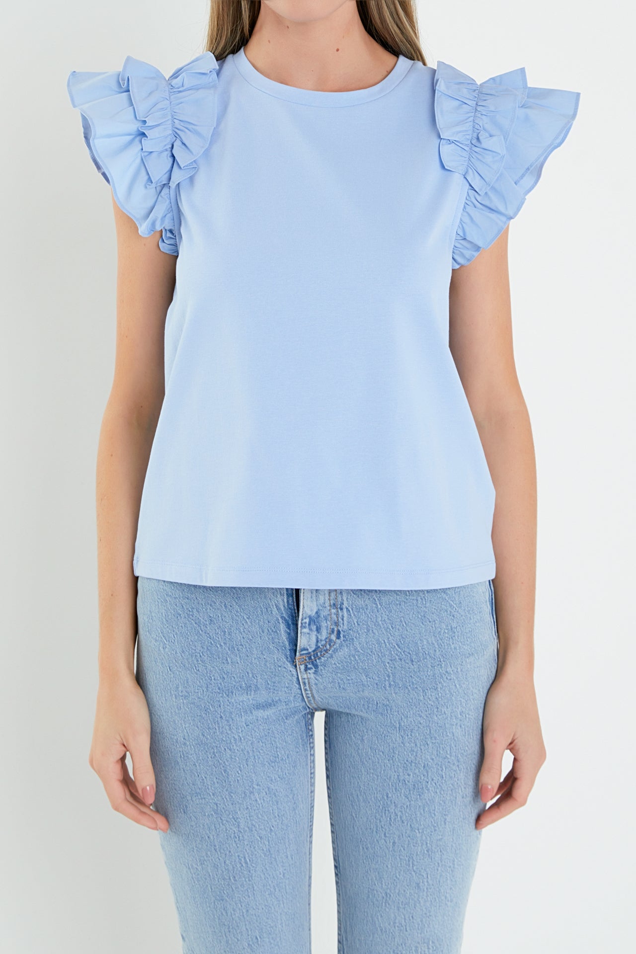 Mixed Media Shoulder Ruffle Detail T-shirt