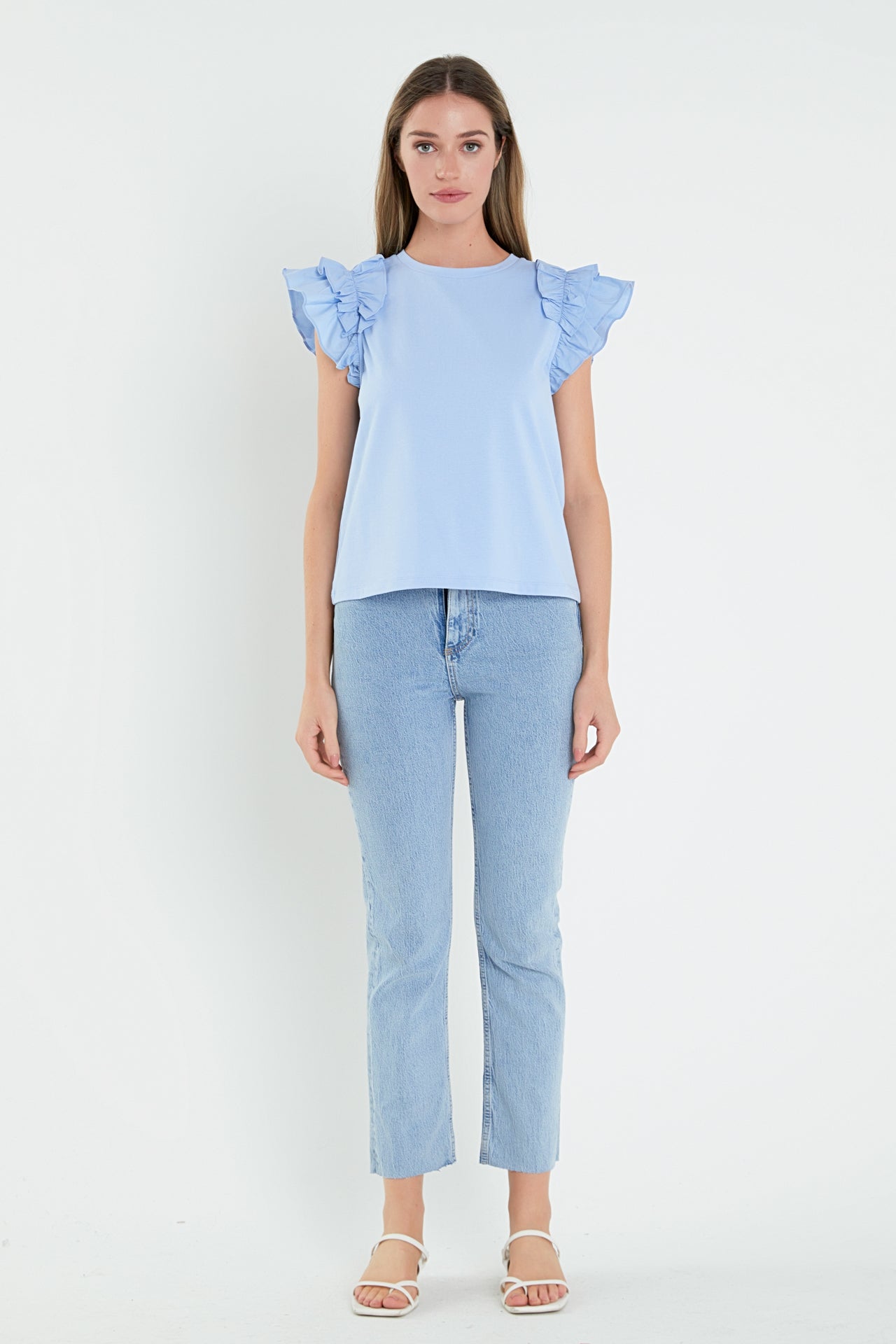 Mixed Media Shoulder Ruffle Detail T-shirt