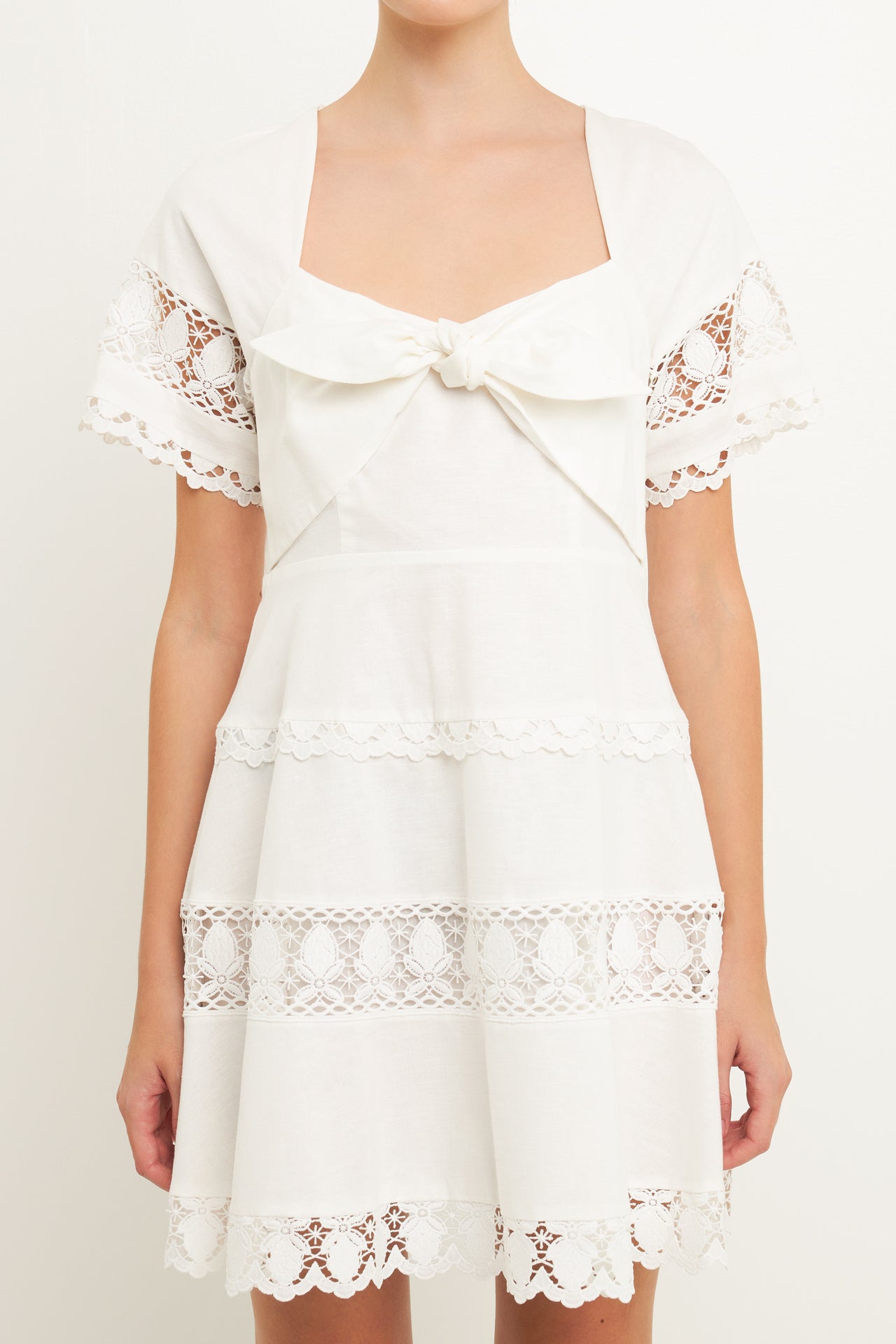 ENDLESS ROSE - Lace Trim Mini Dress with Front Bow - DRESSES available at Objectrare