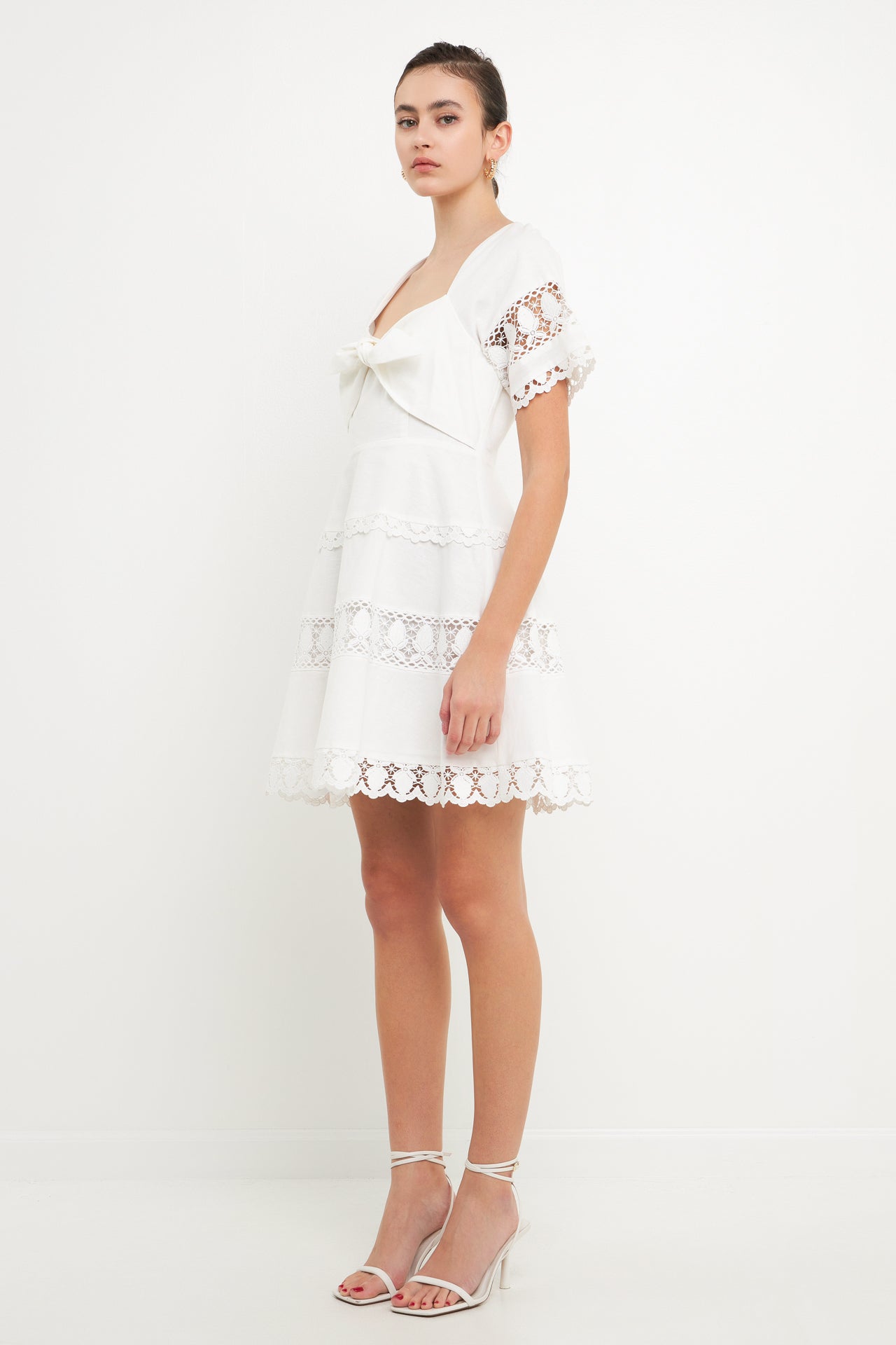 ENDLESS ROSE - Lace Trim Mini Dress with Front Bow - DRESSES available at Objectrare