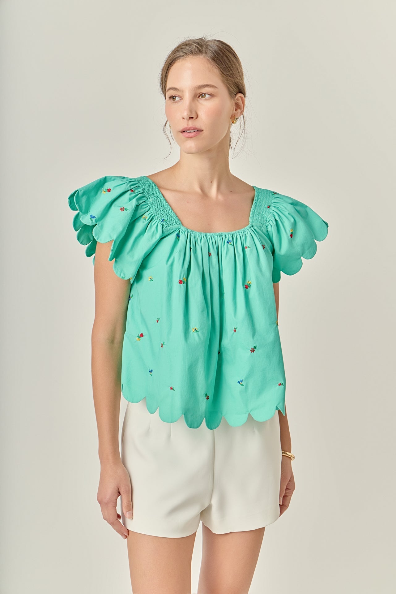 ENGLISH FACTORY - Scalloped Hem Ruffle Detail Top - TOPS available at Objectrare