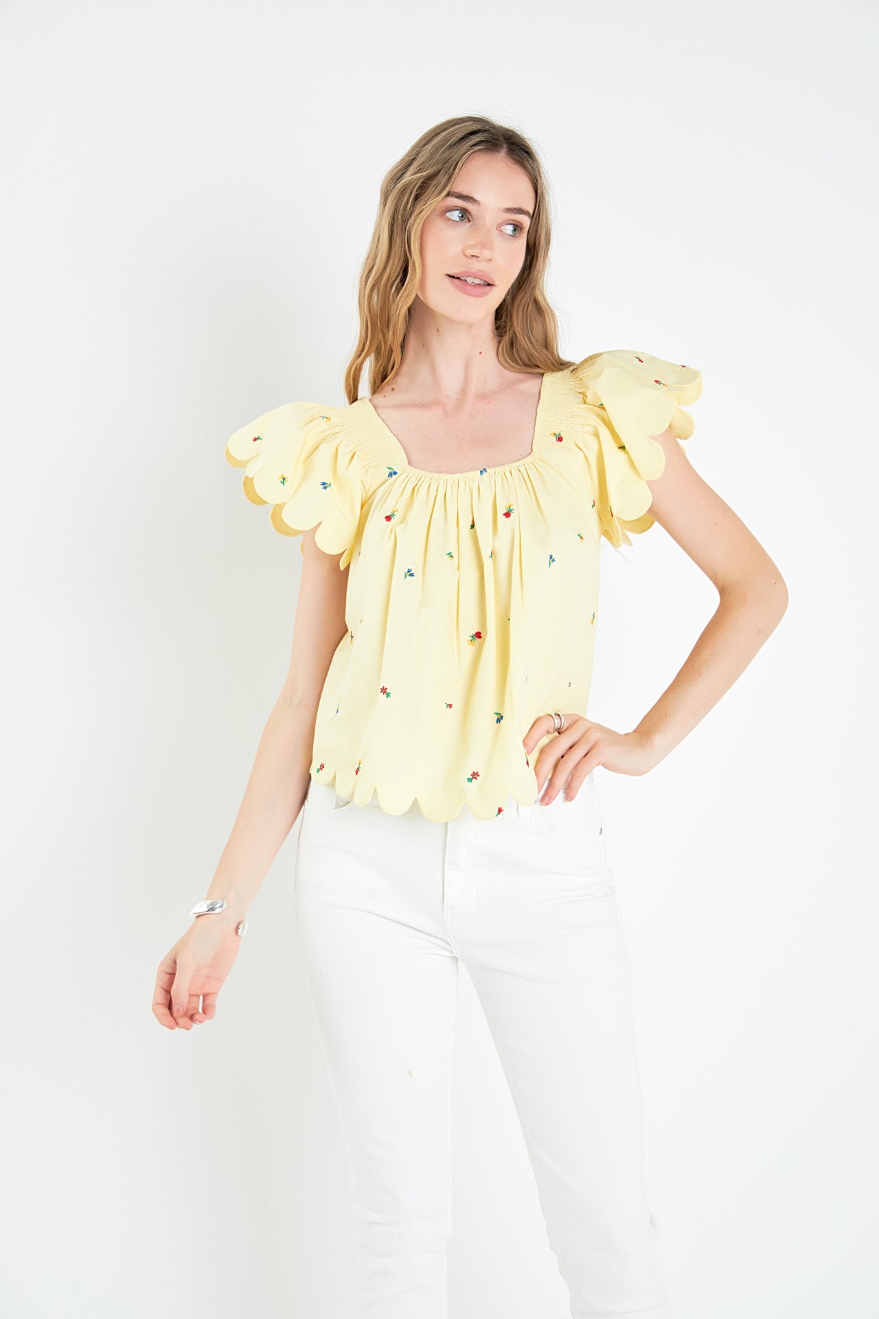 ENGLISH FACTORY - Scalloped Hem Ruffle Detail Top - TOPS available at Objectrare