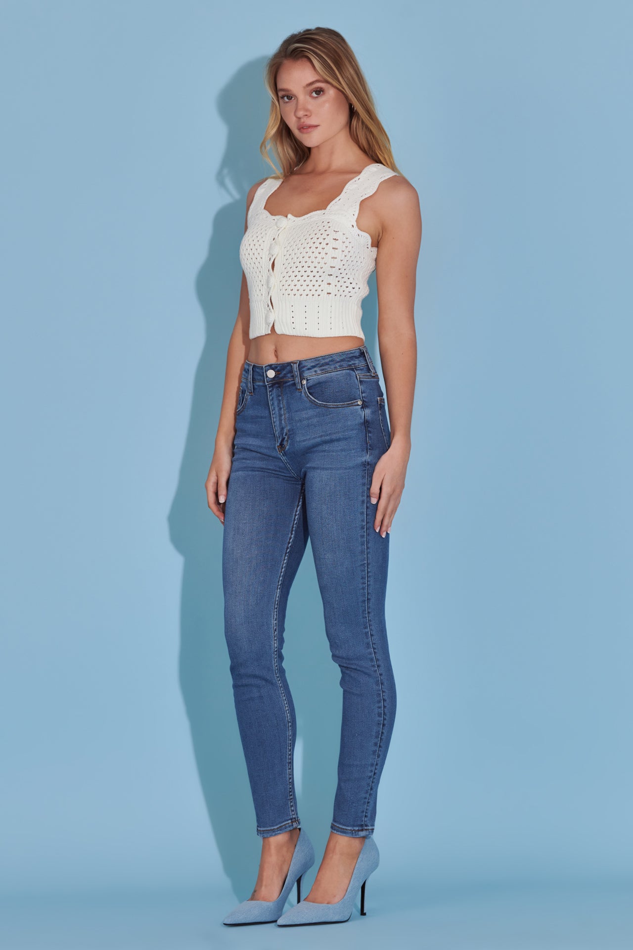 ENGLISH FACTORY - Scallop Detail Button Detail Knit Tank Top - TANK TOPS available at Objectrare