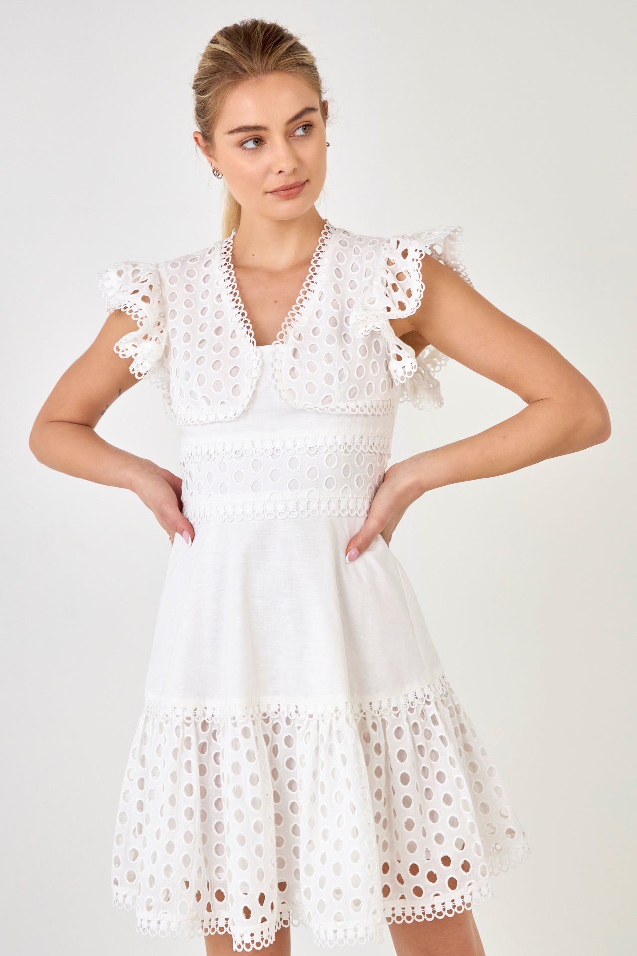 ENDLESS ROSE - Eyelet Mixed Media Mini Dress - DRESSES available at Objectrare