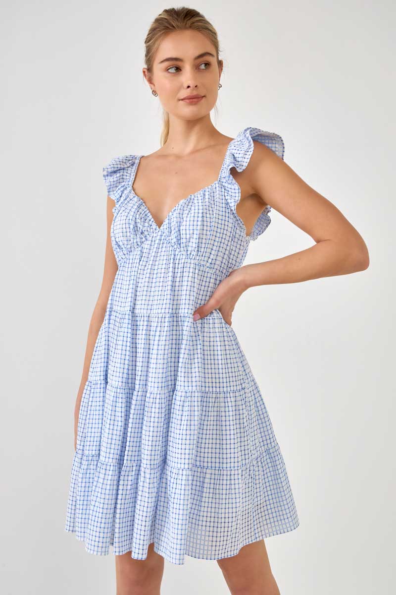 ENGLISH FACTORY - Gingham Printed Tiered Mini Dress - DRESSES available at Objectrare
