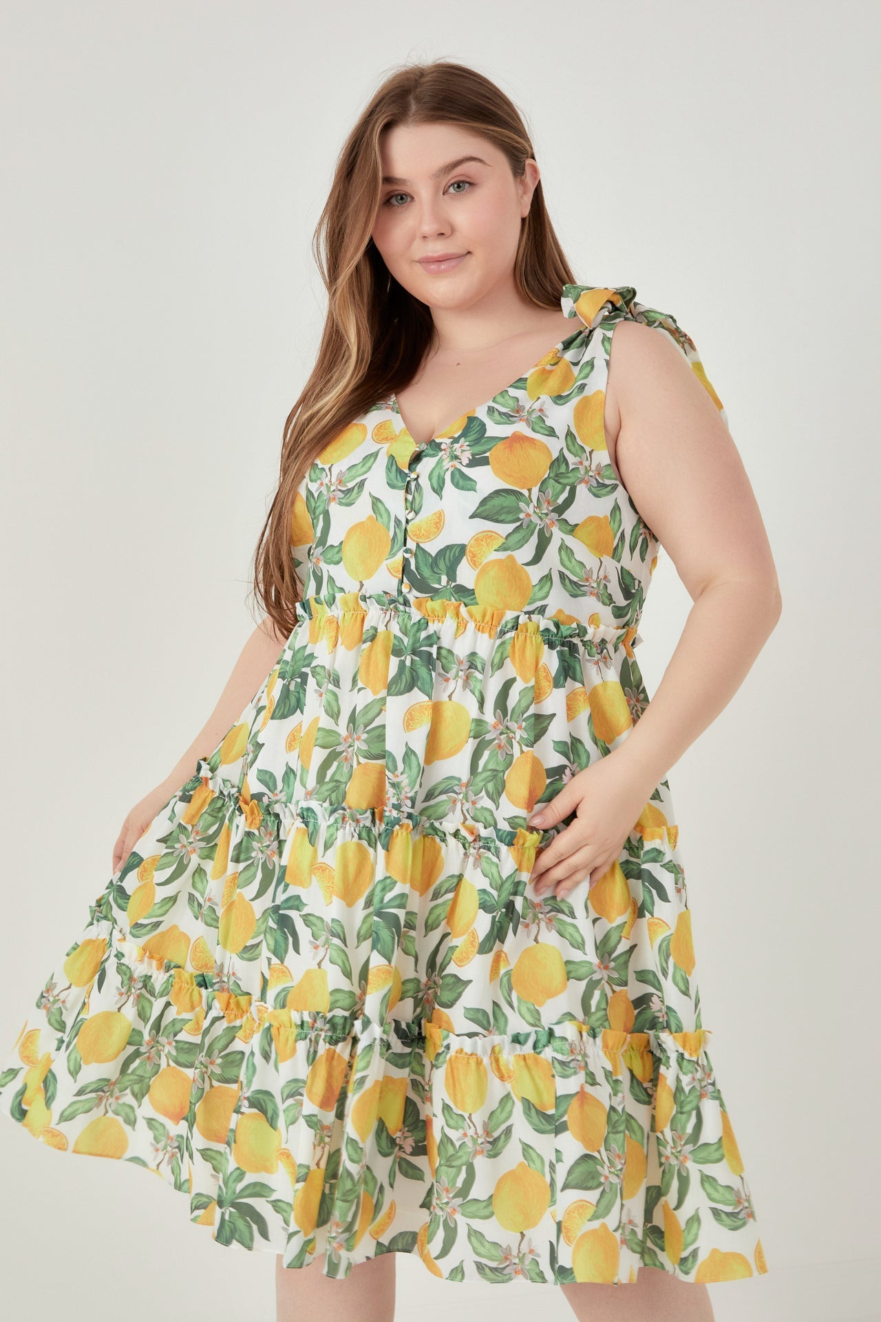 ENGLISH FACTORY - Plus Size Lemon Print Tiered Mini Dress - DRESSES available at Objectrare