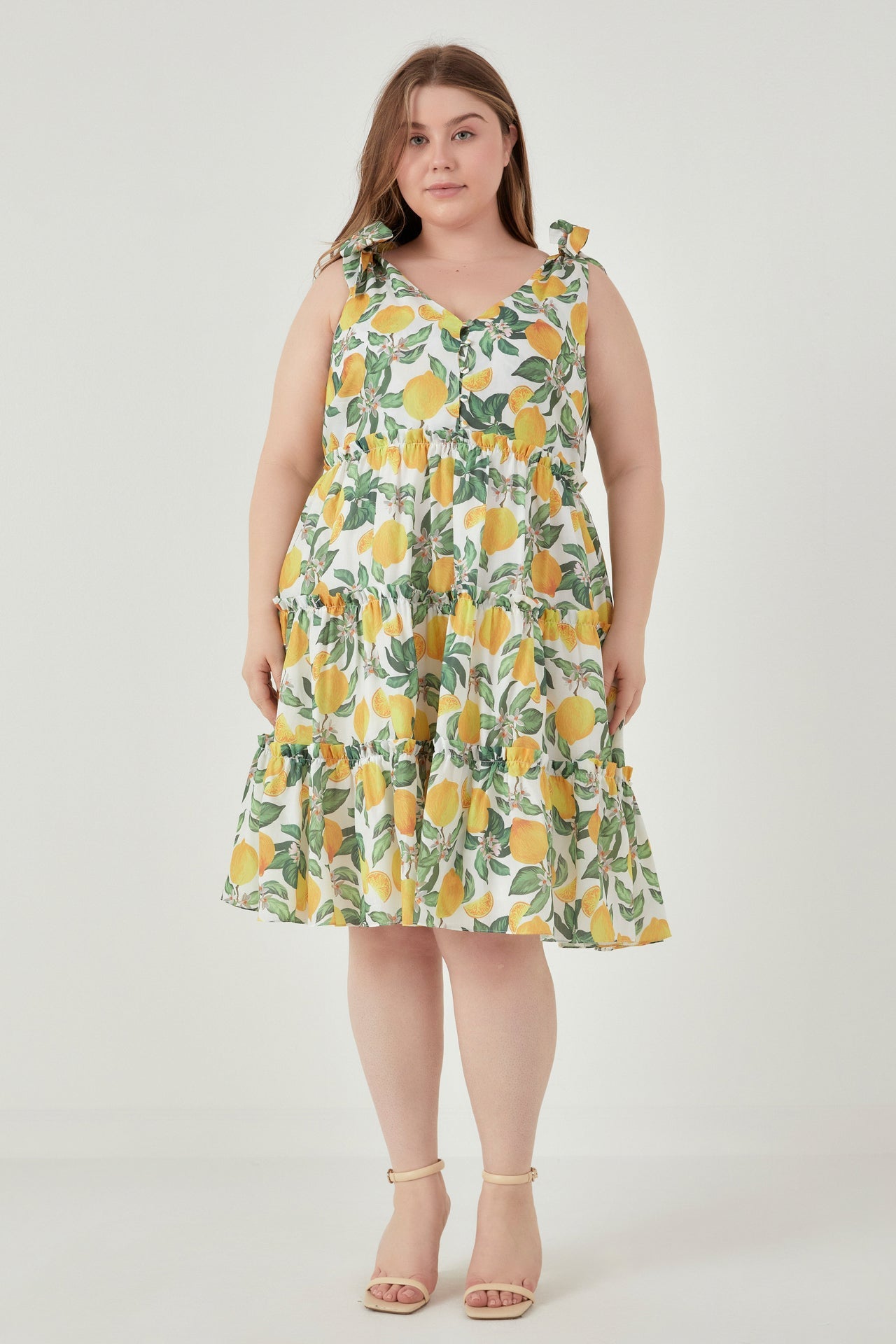 ENGLISH FACTORY - Plus Size Lemon Print Tiered Mini Dress - DRESSES available at Objectrare