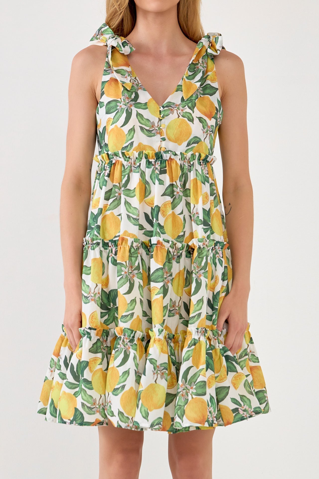 ENGLISH FACTORY - Lemon Print Tiered Mini Dress - DRESSES available at Objectrare