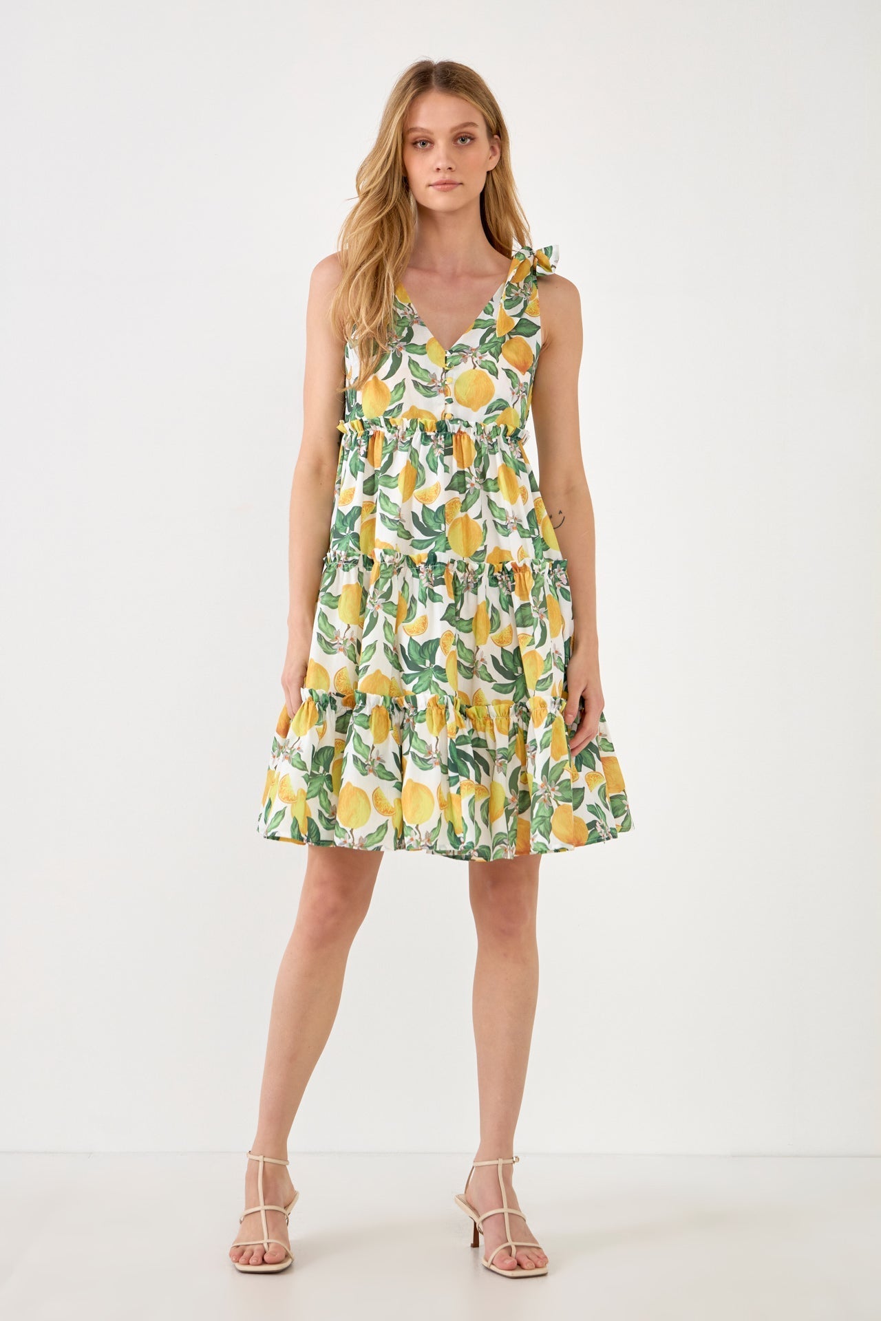 English Factory Lemon Print Tiered Mini Dress - Yellow - S