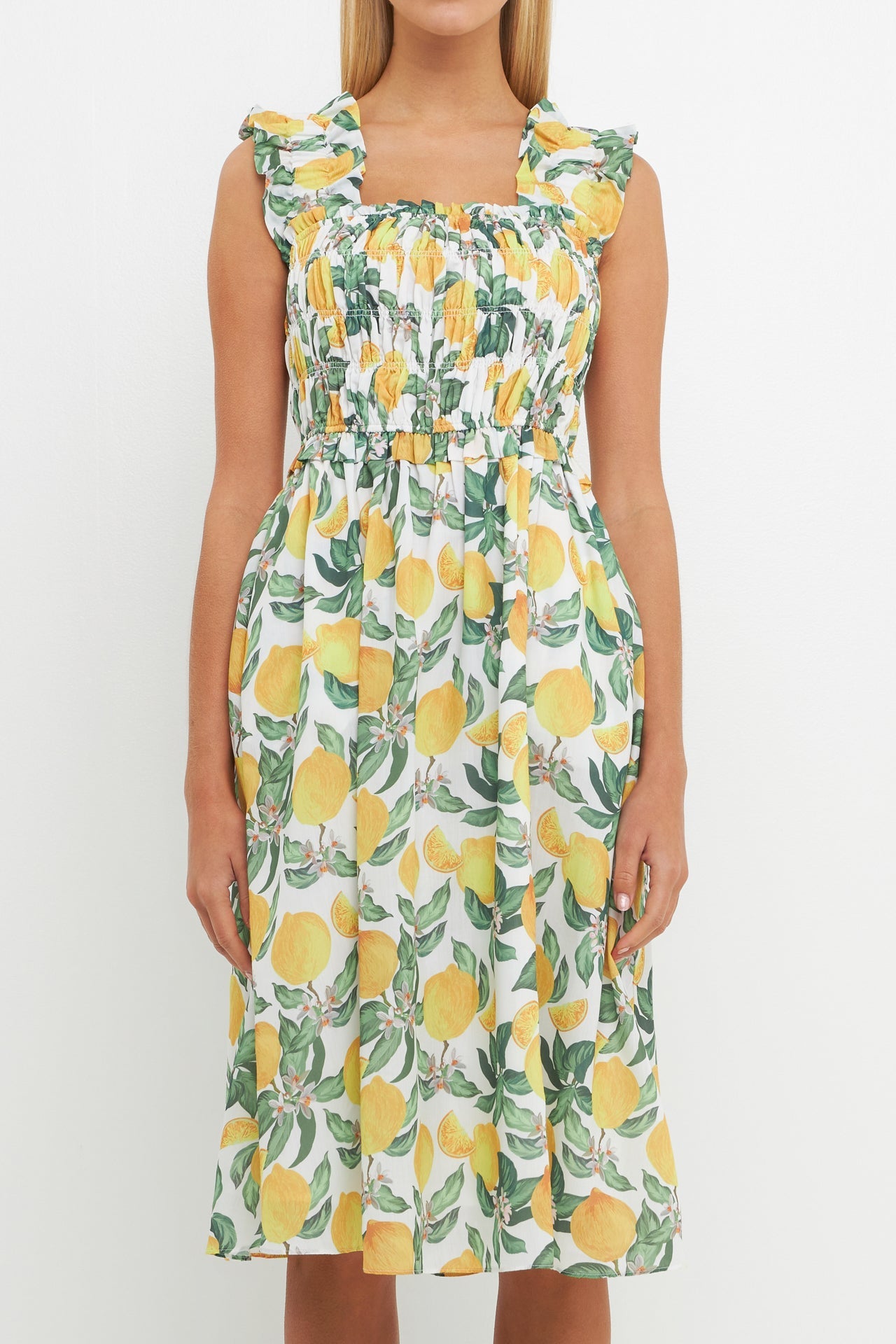 ENGLISH FACTORY - Lemon Print Smocked Bodice Midi Dress - DRESSES available at Objectrare