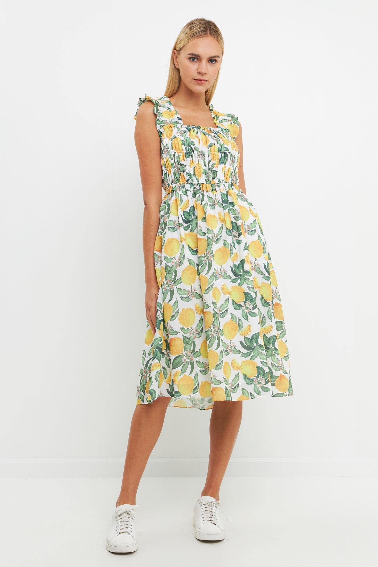 ENGLISH FACTORY - Lemon Print Smocked Bodice Midi Dress - DRESSES available at Objectrare