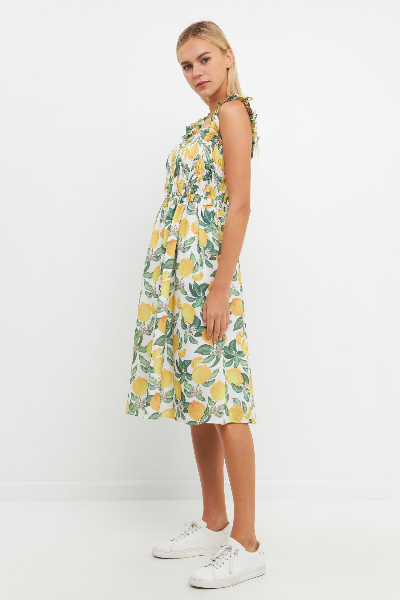 ENGLISH FACTORY - Lemon Print Smocked Bodice Midi Dress - DRESSES available at Objectrare