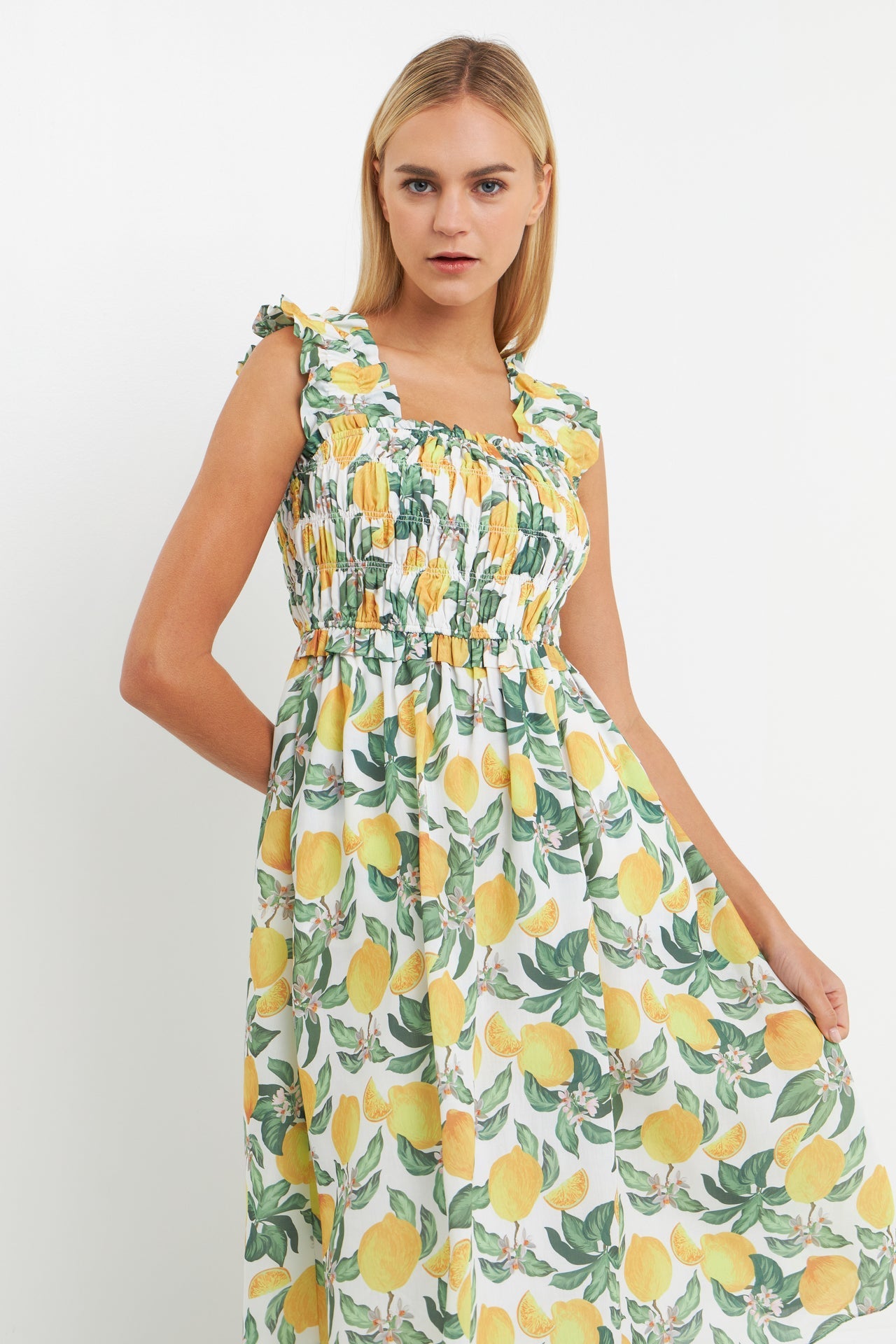 ENGLISH FACTORY - Lemon Print Smocked Bodice Midi Dress - DRESSES available at Objectrare
