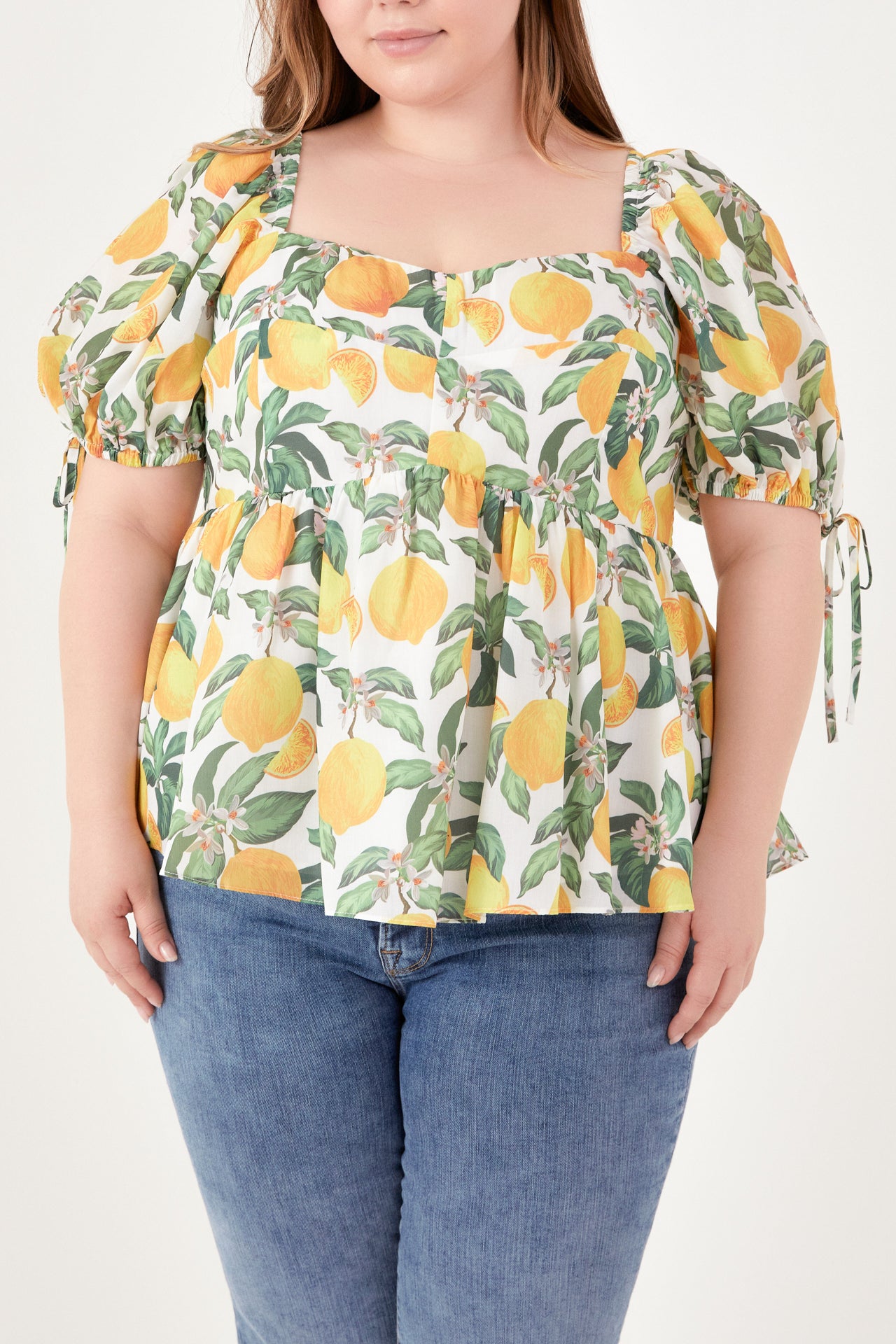 Plus Size Lemon Print Puff Sleeve Top
