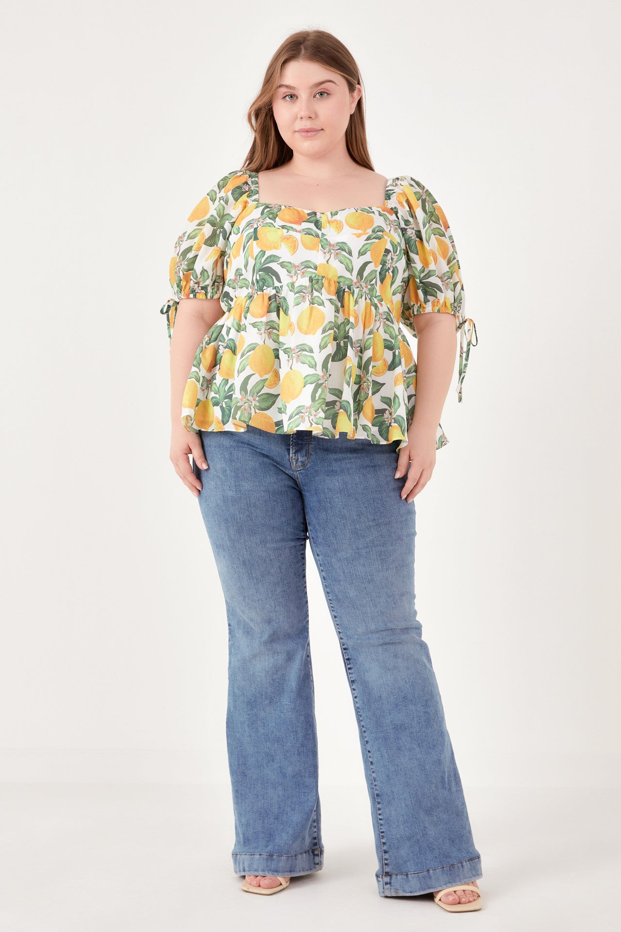 Plus Size Lemon Print Puff Sleeve Top