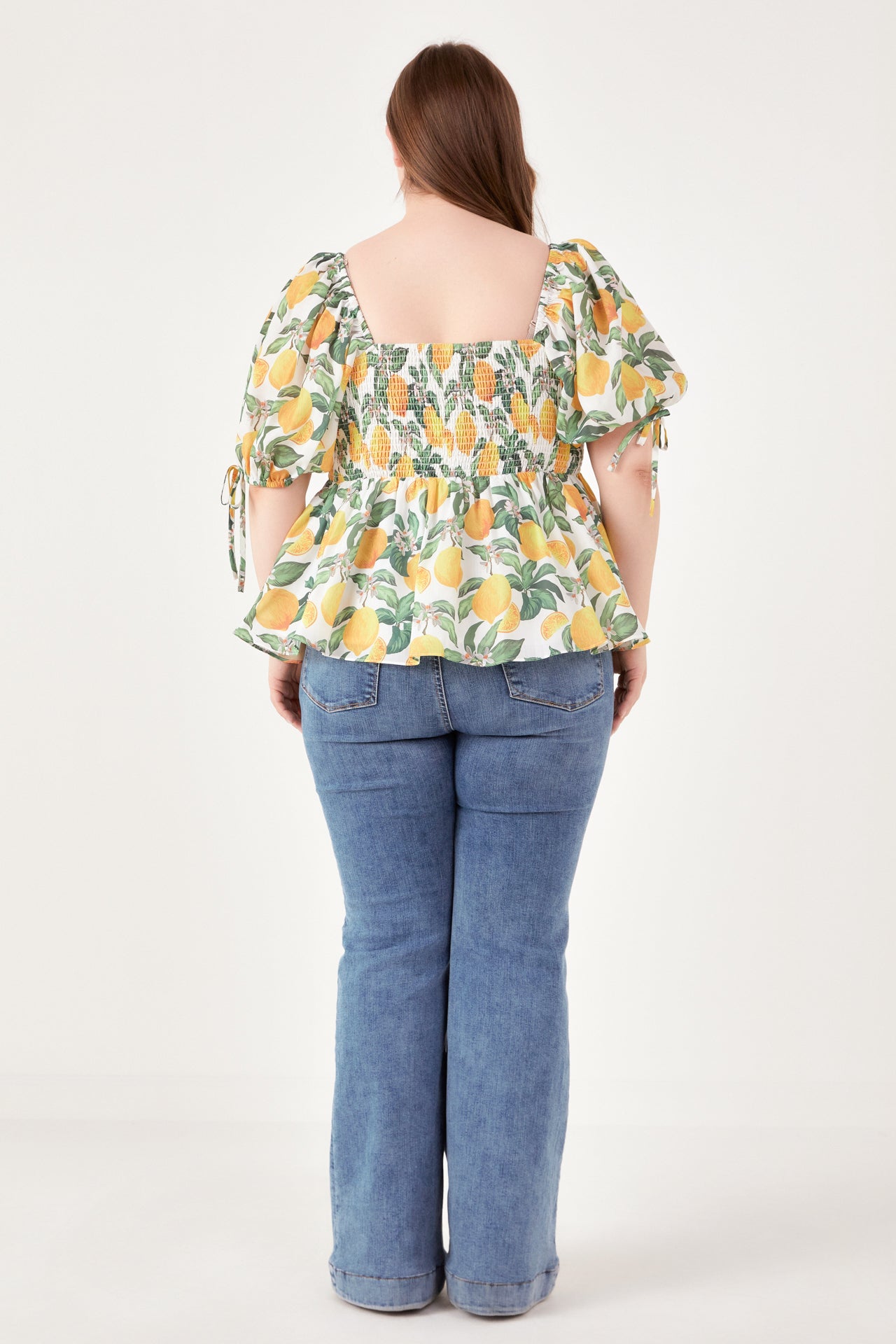 Plus Size Lemon Print Puff Sleeve Top