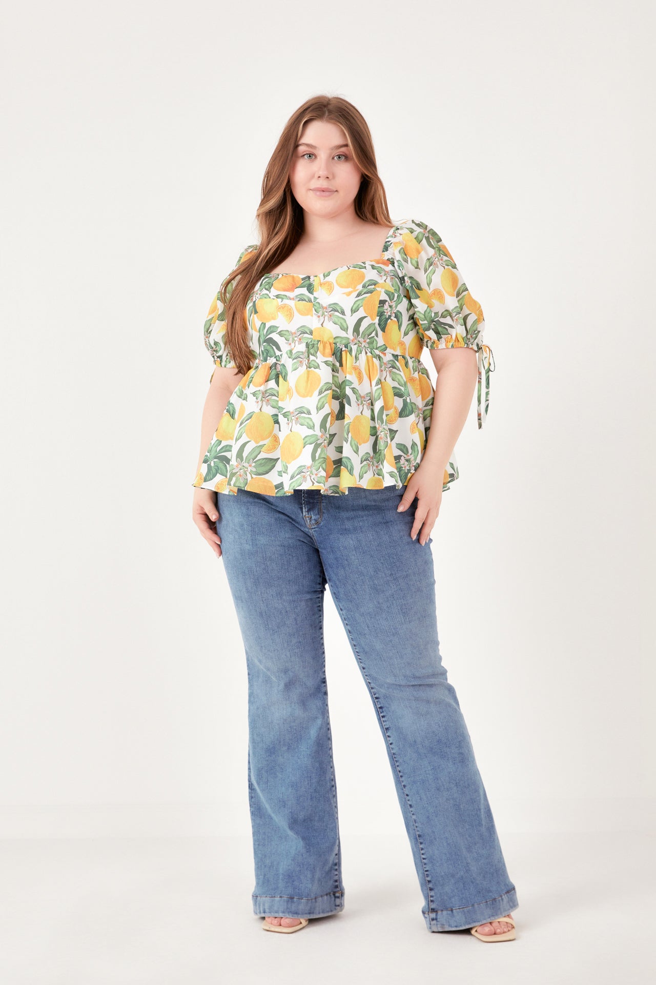 Plus Size Lemon Print Puff Sleeve Top