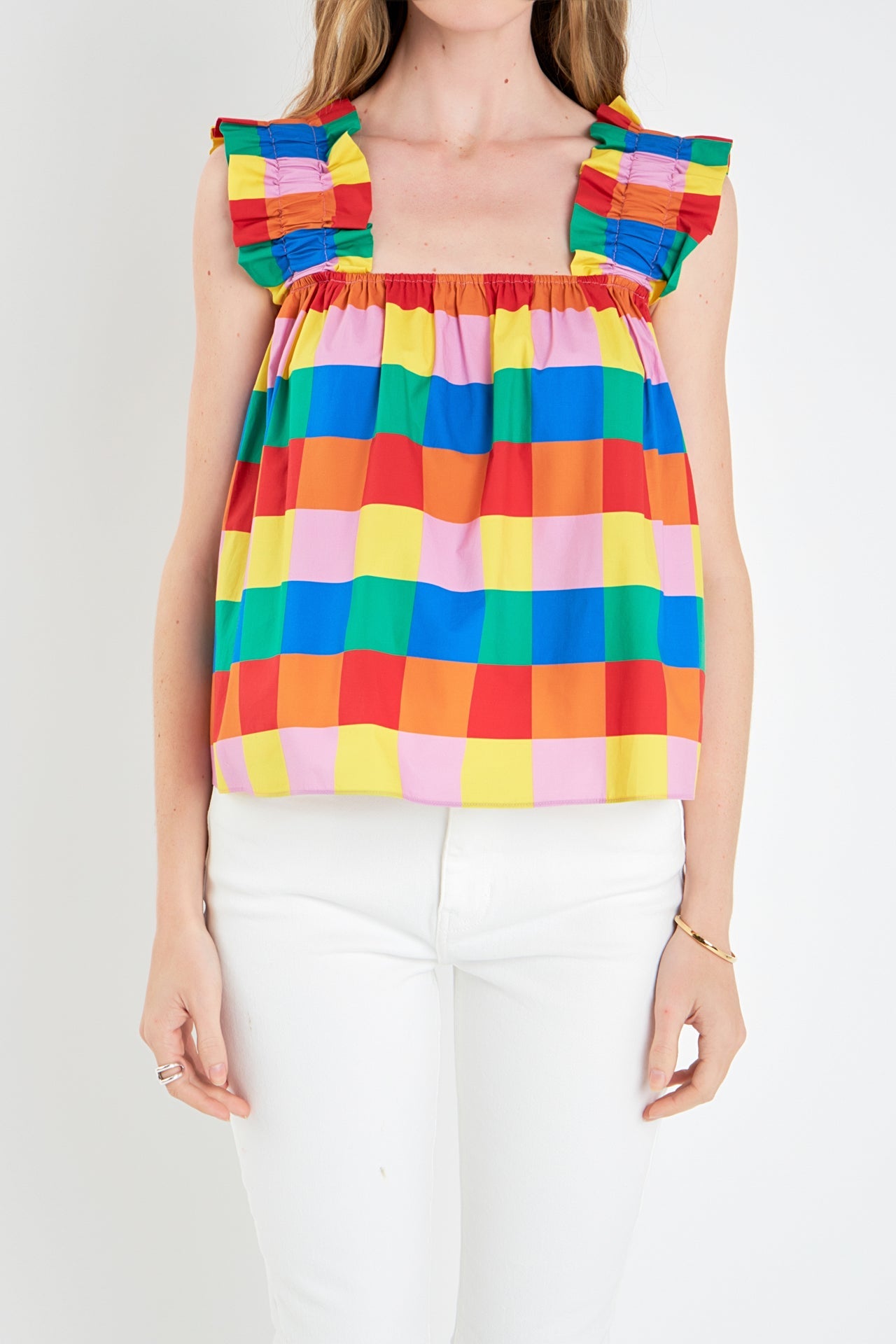 ENGLISH FACTORY - Multi Color Check Ruffle Strap Top - TOPS available at Objectrare