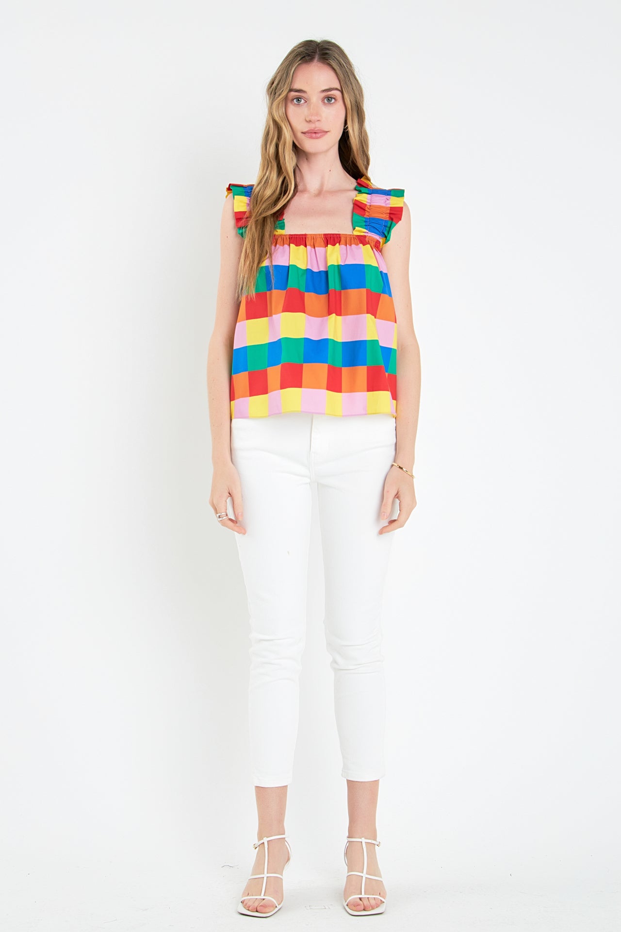 ENGLISH FACTORY - Multi Color Check Ruffle Strap Top - TOPS available at Objectrare