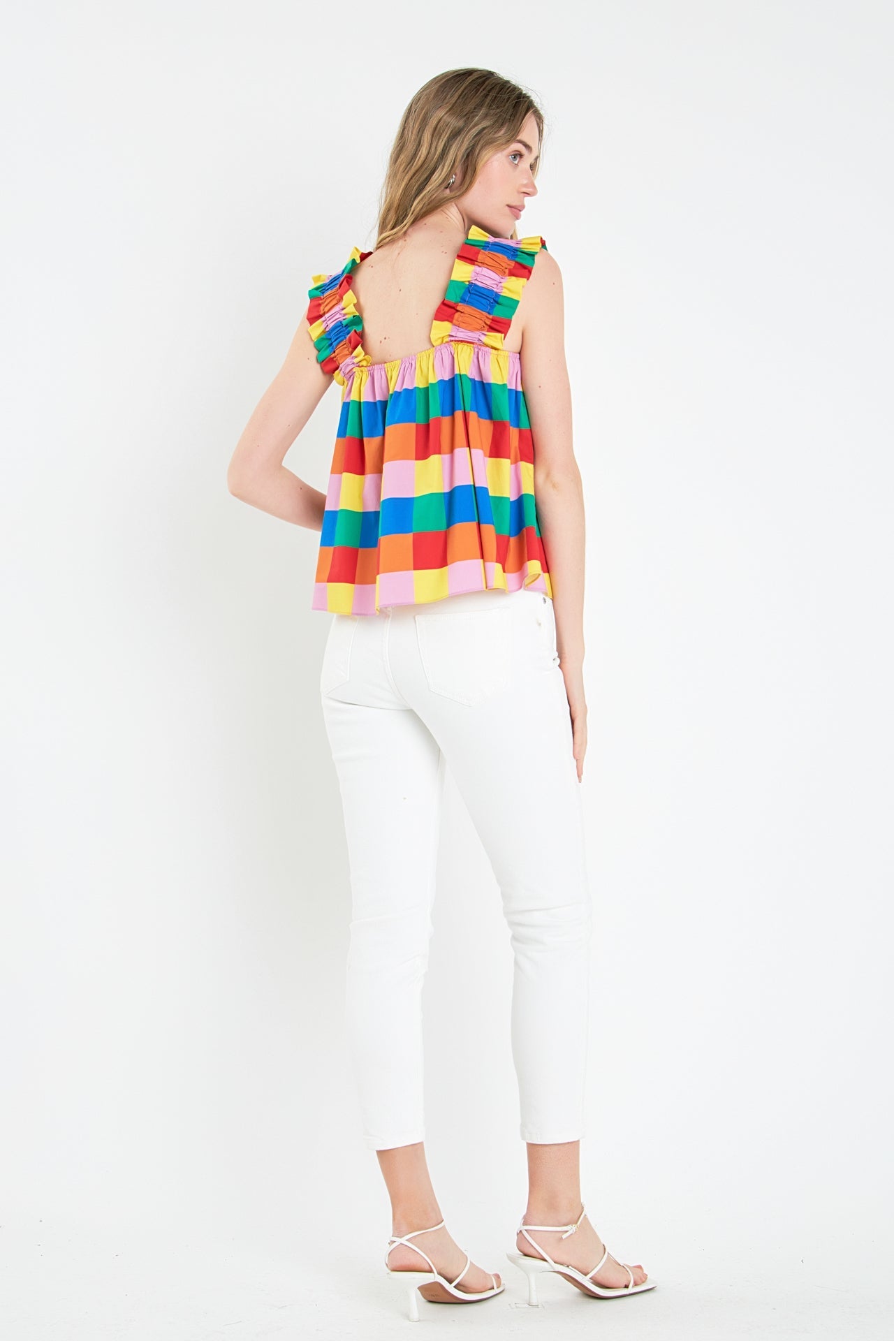 ENGLISH FACTORY - Multi Color Check Ruffle Strap Top - TOPS available at Objectrare