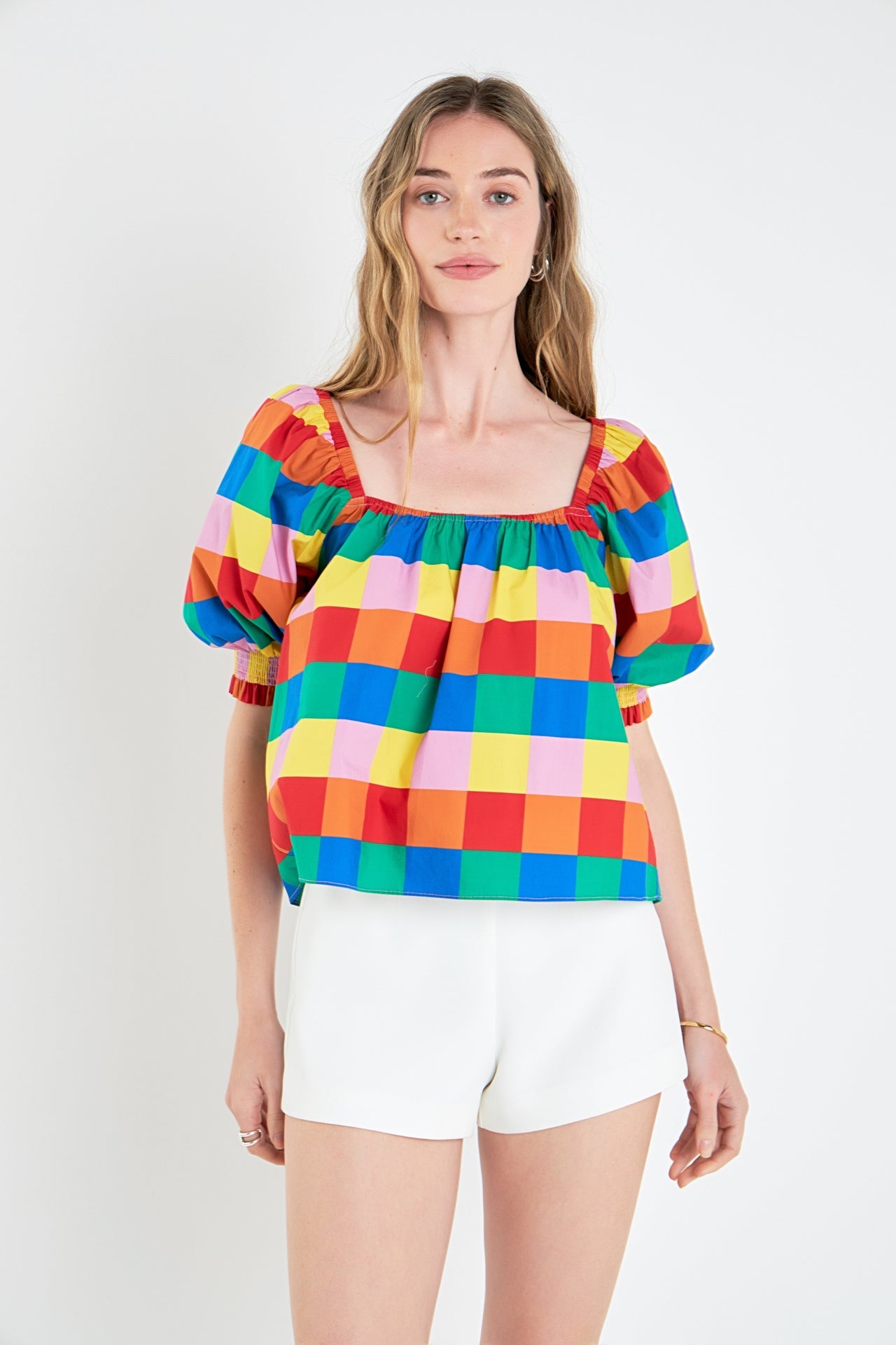 ENGLISH FACTORY - Square Neckline Puff Sleeve Checkered Top - TOPS available at Objectrare