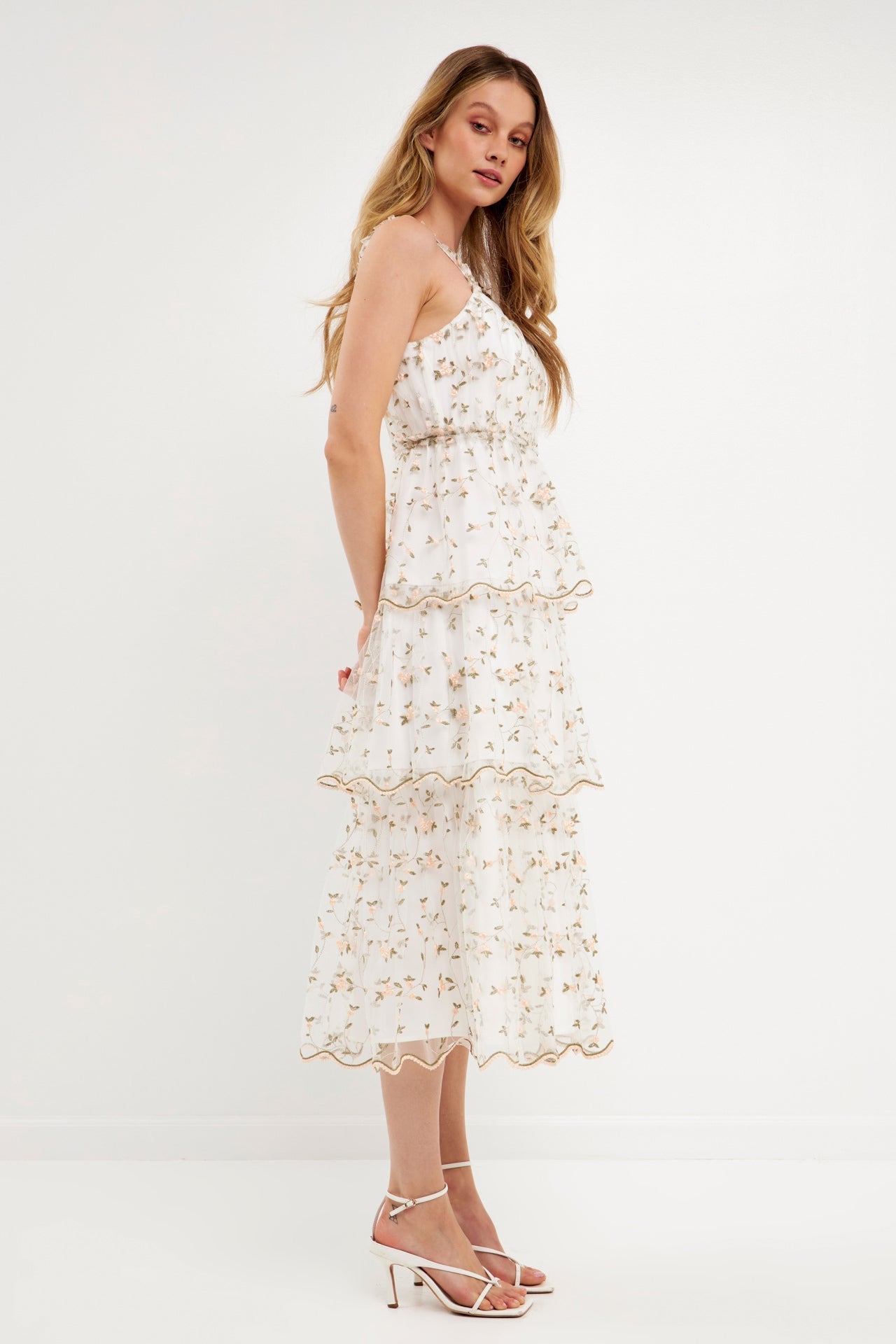 ENDLESS ROSE - Floral Embroidery Scalloped Hem Tiered Dress - DRESSES available at Objectrare