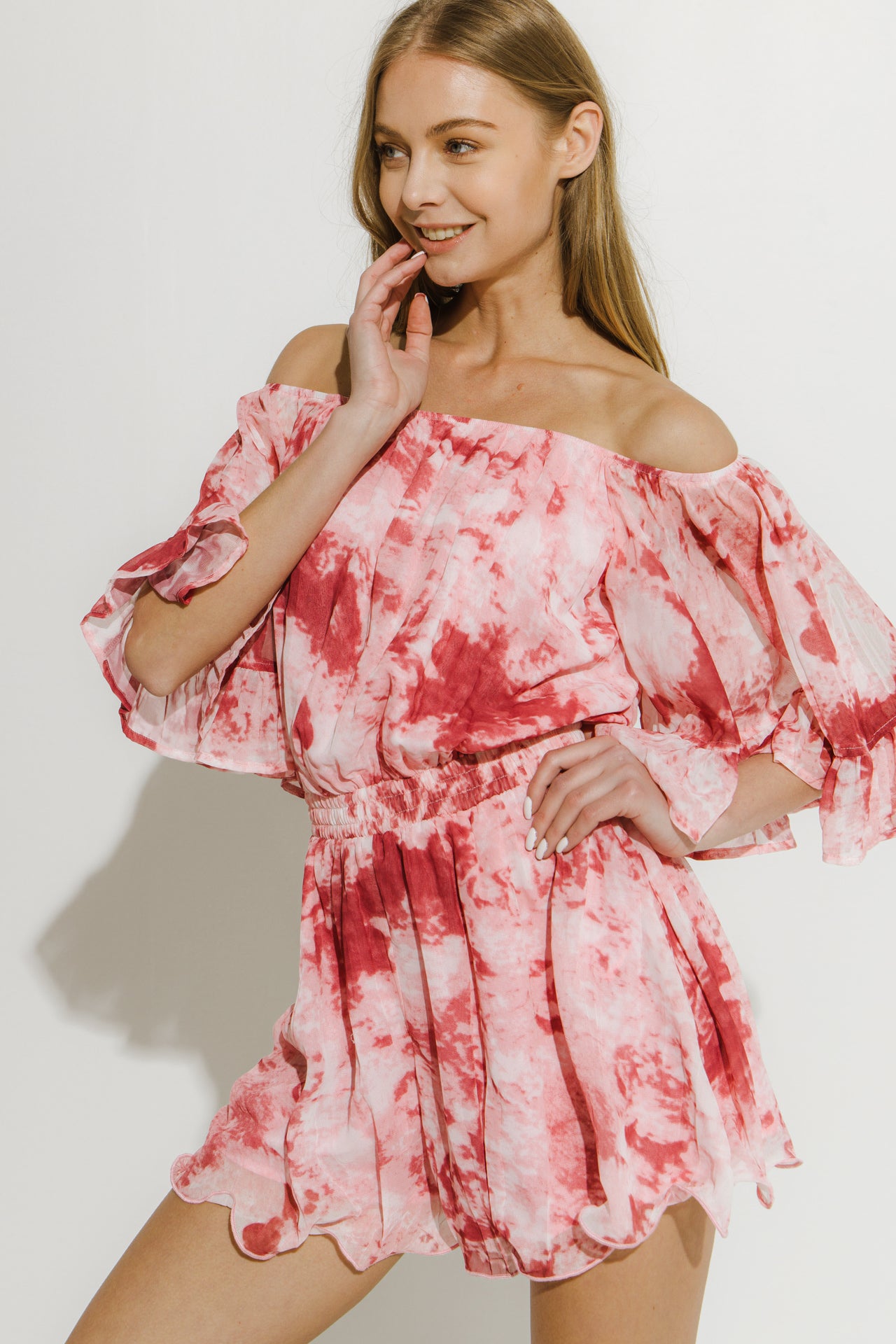 LA'VEN - Tie-Dye Ruffle Off The Shoulder Romper - ROMPERS available at Objectrare