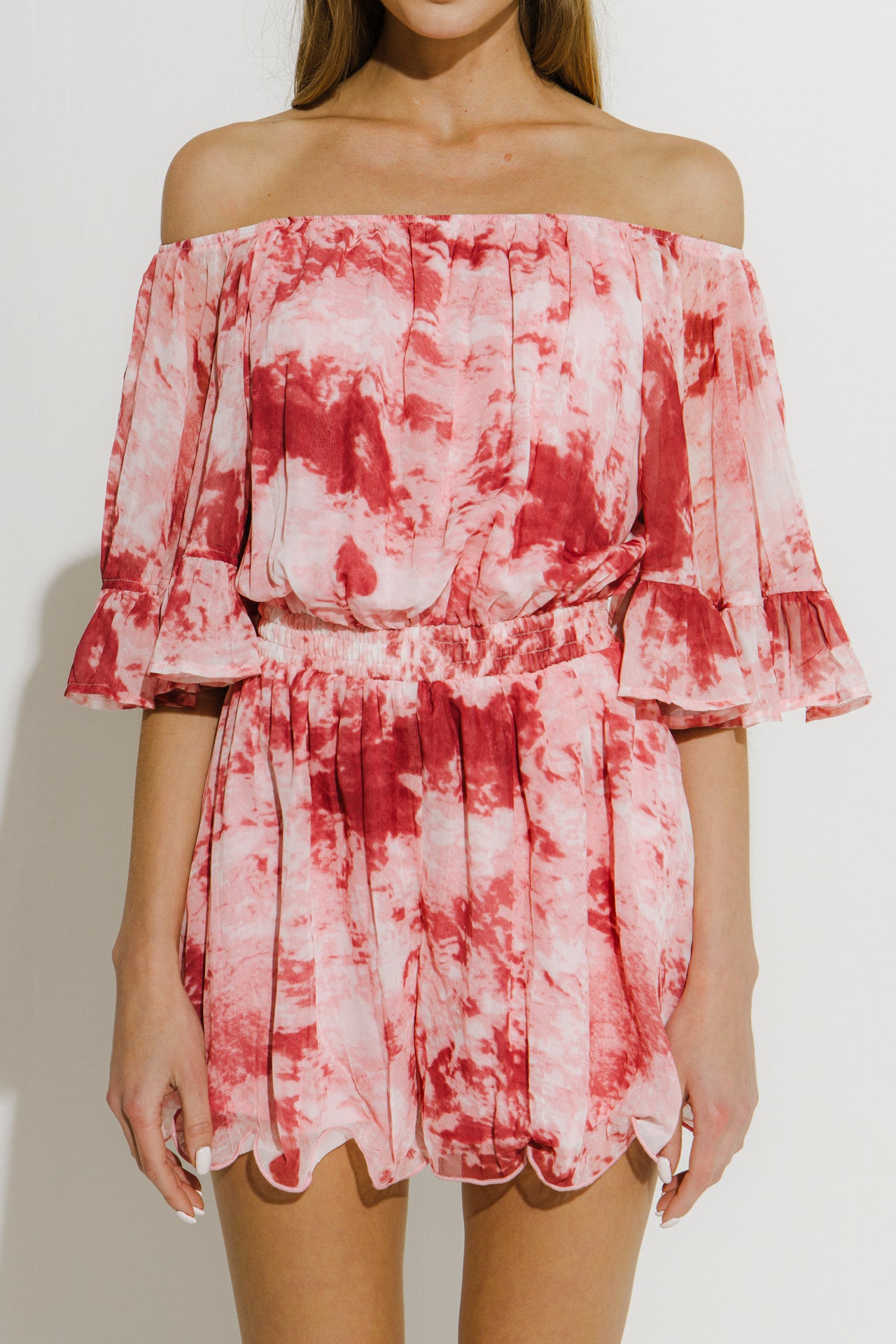LA'VEN - Tie-Dye Ruffle Off The Shoulder Romper - ROMPERS available at Objectrare