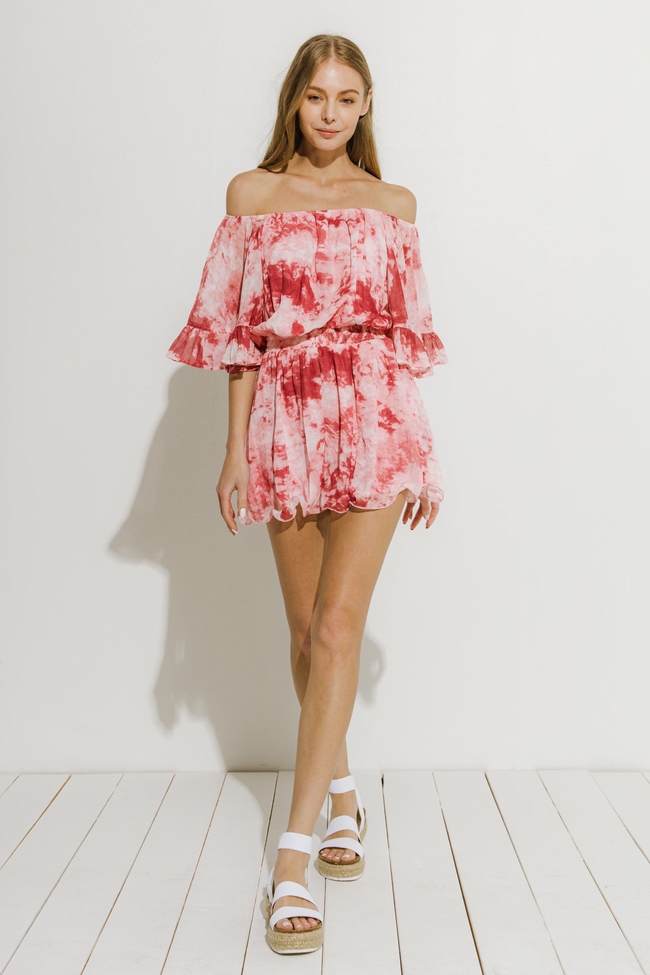 LA'VEN - Tie-Dye Ruffle Off The Shoulder Romper - ROMPERS available at Objectrare