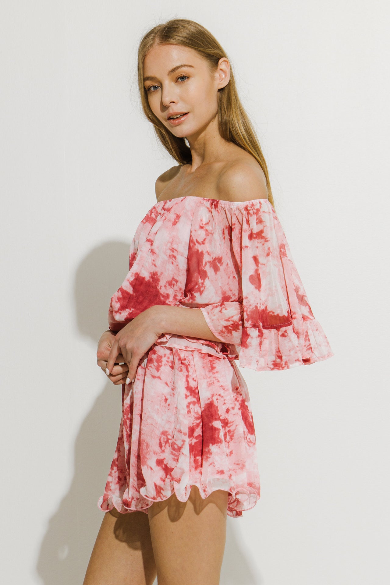 LA'VEN - Tie-Dye Ruffle Off The Shoulder Romper - ROMPERS available at Objectrare