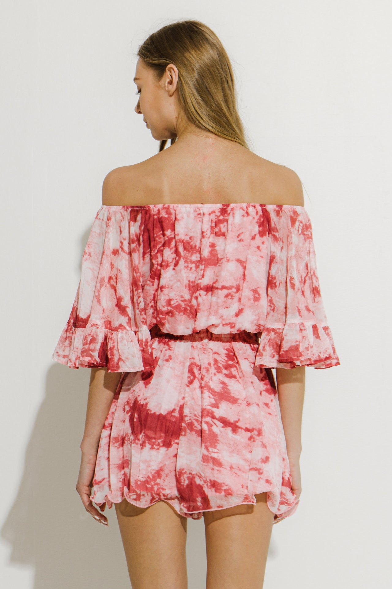 LA'VEN - Tie-Dye Ruffle Off The Shoulder Romper - ROMPERS available at Objectrare