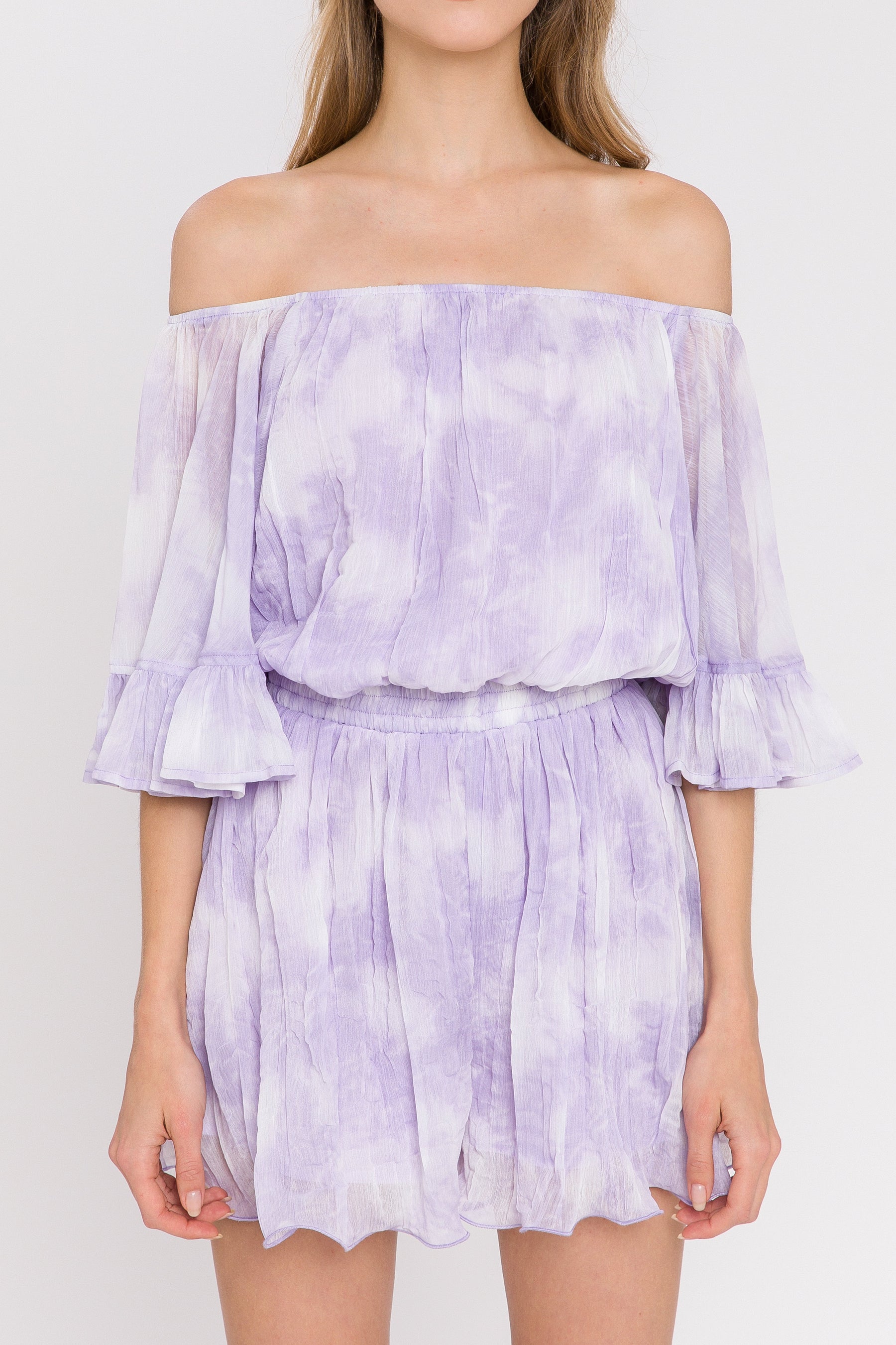 LA'VEN - Tie-Dye Ruffle Off The Shoulder Romper - ROMPERS available at Objectrare