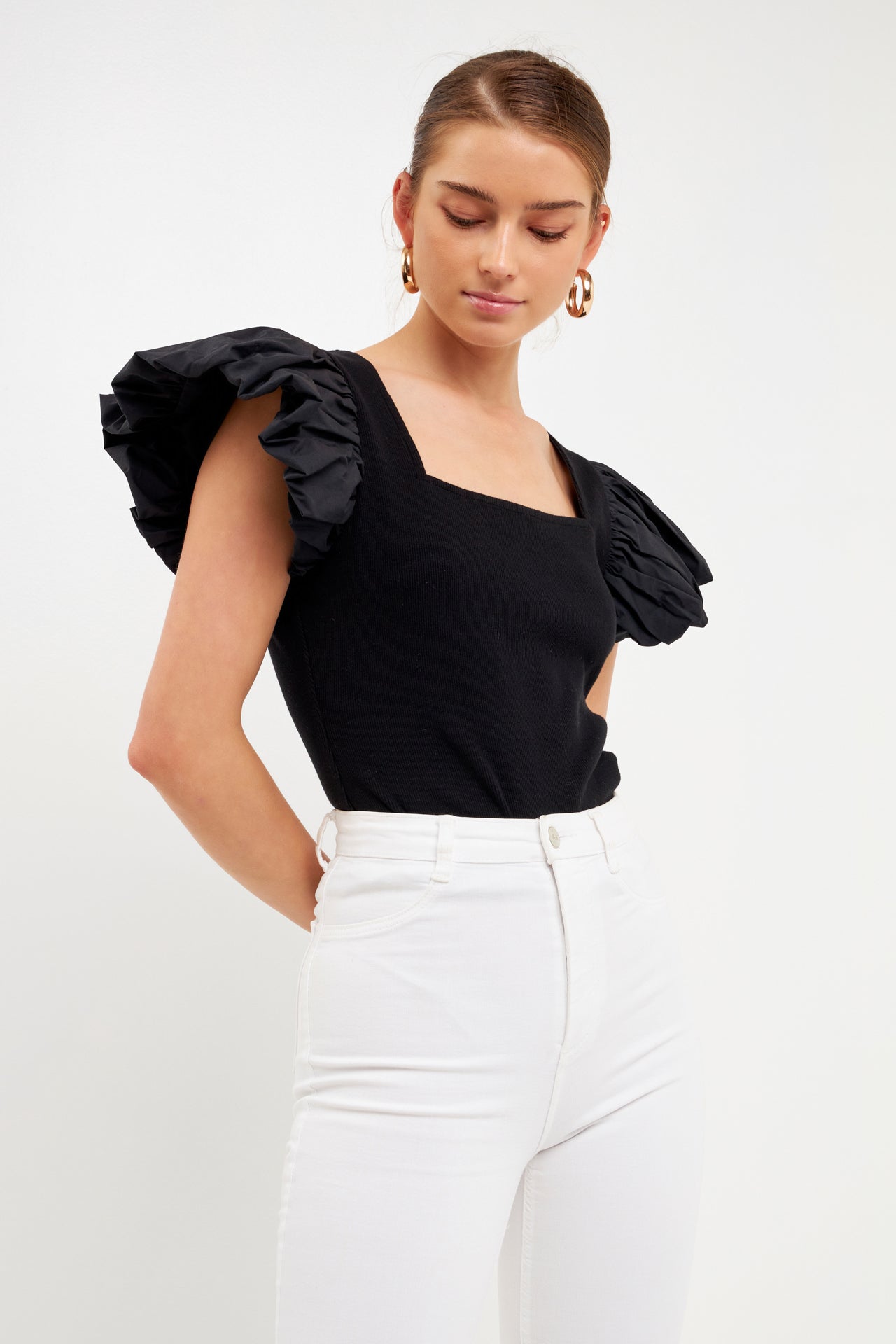 ENDLESS ROSE - Mixed Media Square Neckline Knit Top - TOPS available at Objectrare