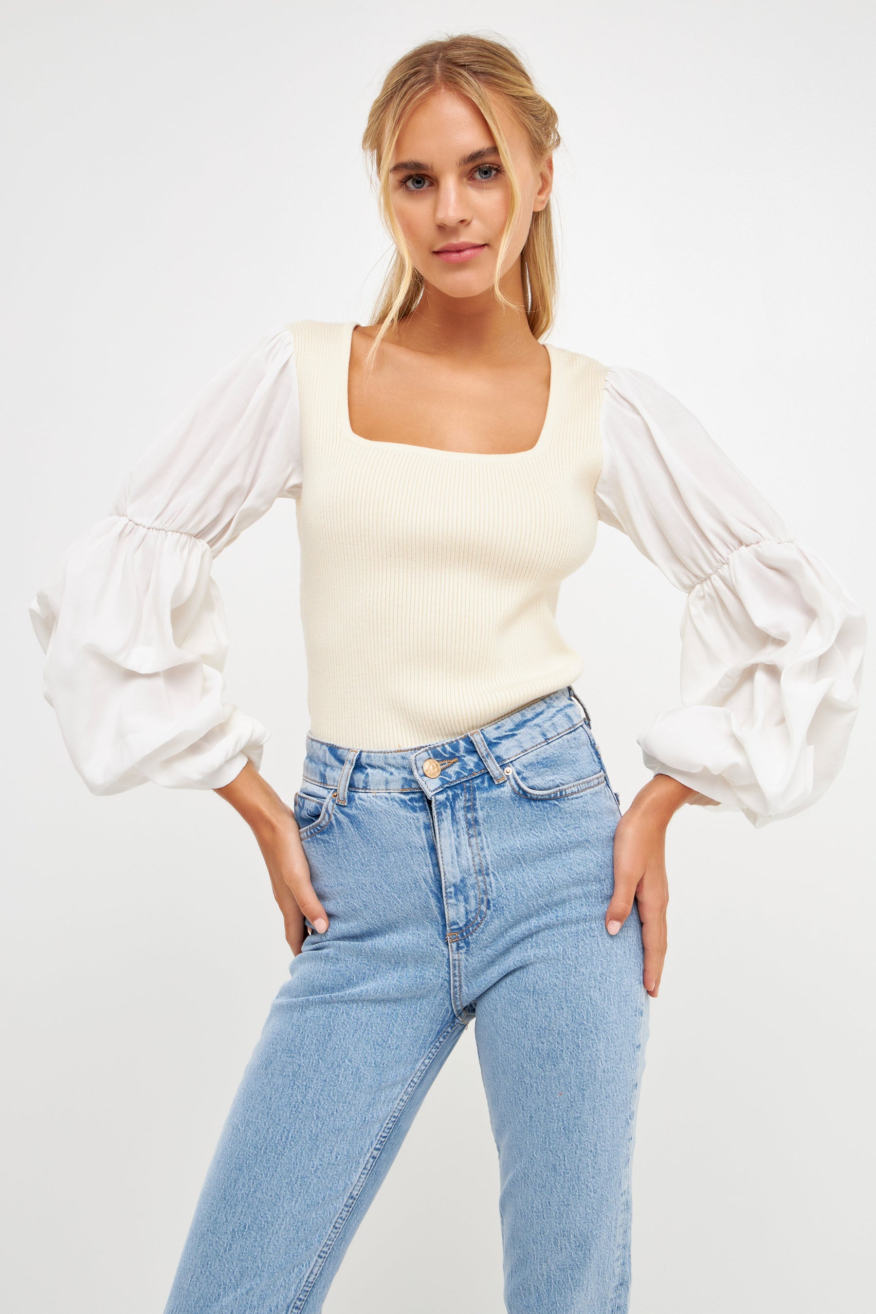 ENGLISH FACTORY - Mixed Media Square Neckline Knit Top - TOPS available at Objectrare
