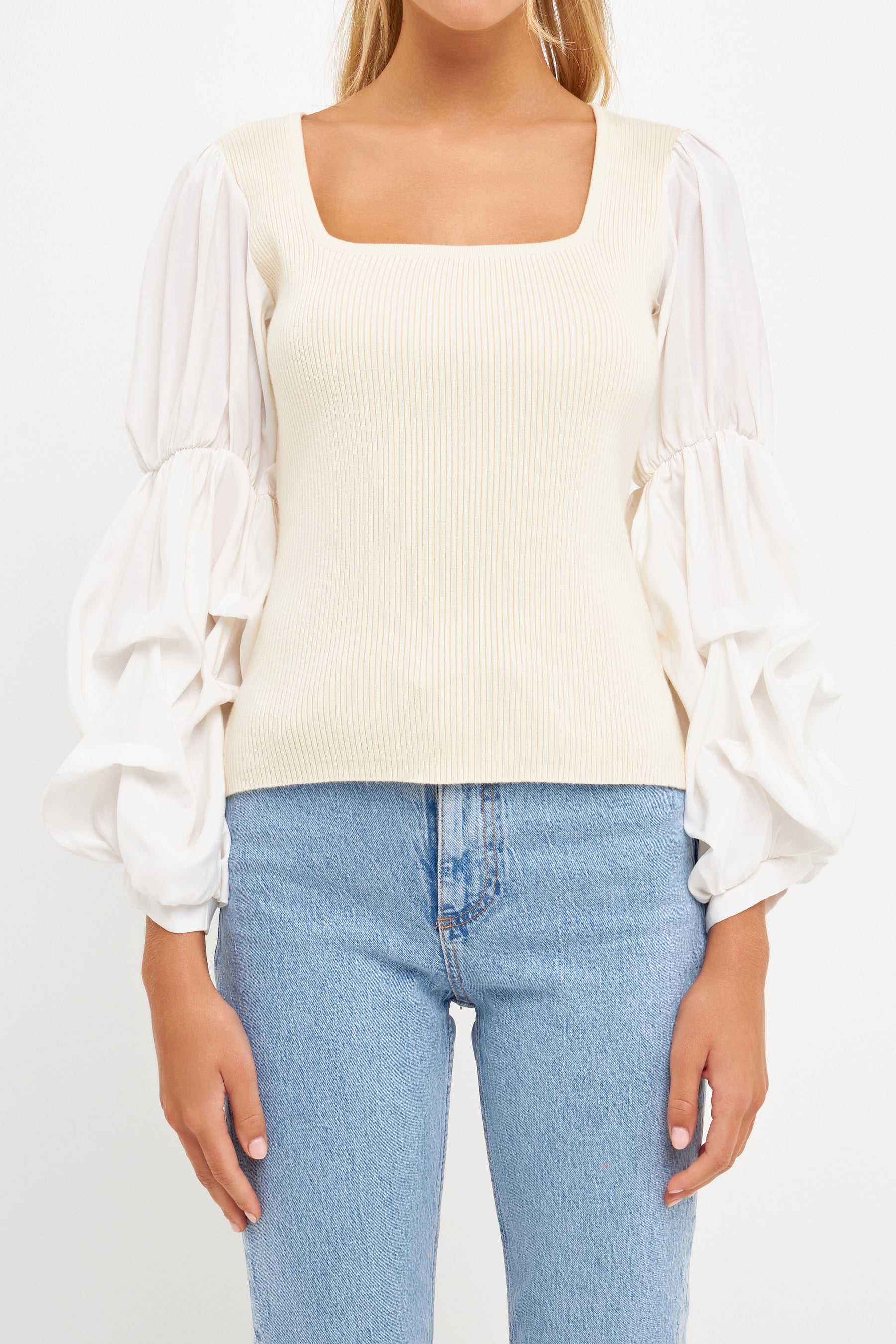 ENGLISH FACTORY - Mixed Media Square Neckline Knit Top - TOPS available at Objectrare