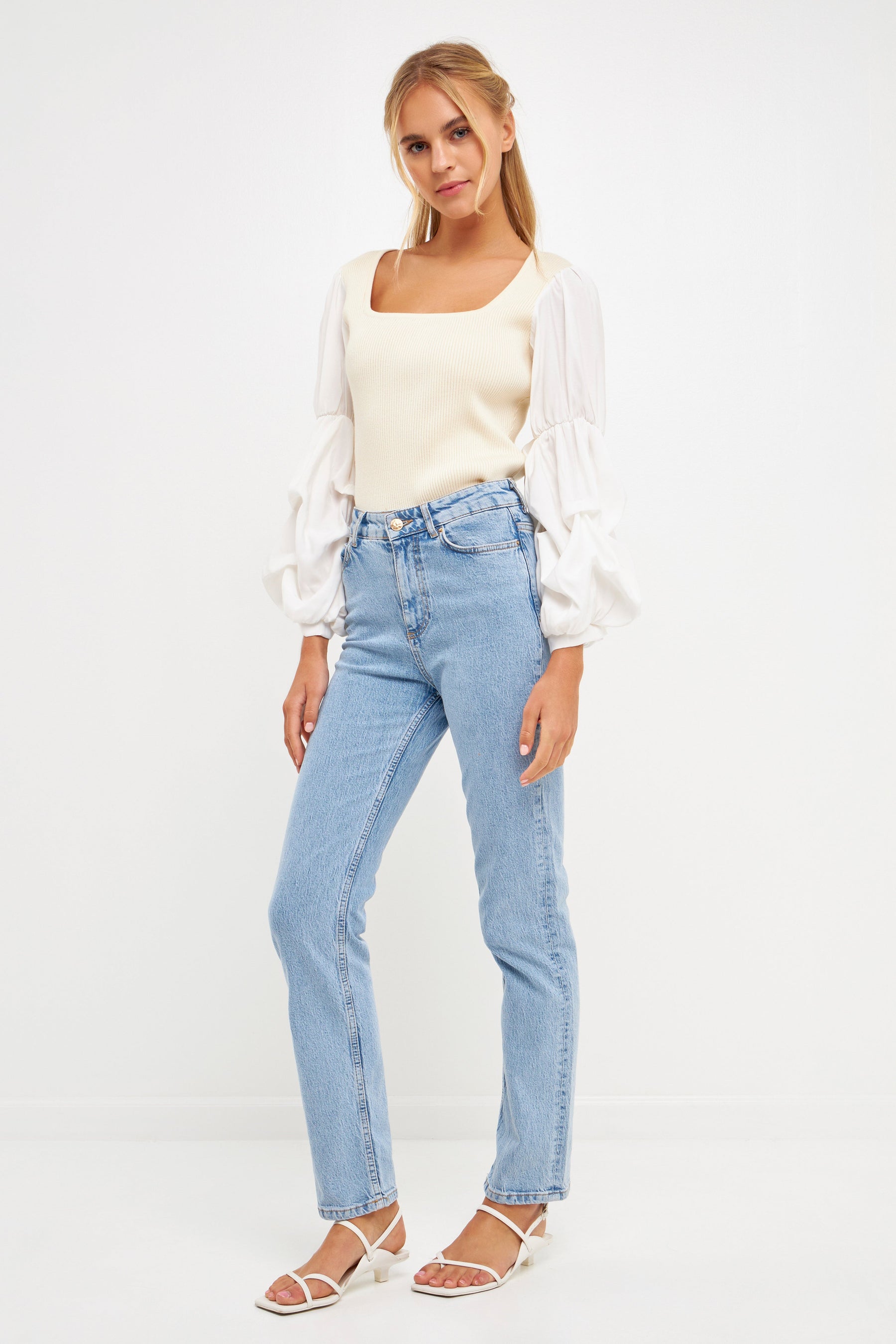 ENGLISH FACTORY - Mixed Media Square Neckline Knit Top - TOPS available at Objectrare