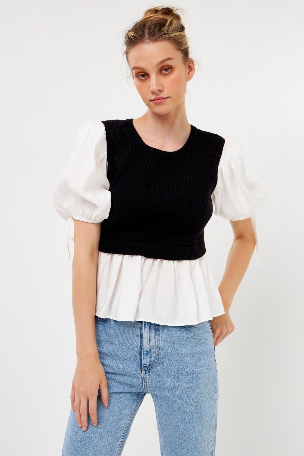 ENGLISH FACTORY - Mixed Media Puff Sleeve Knit Top - TOPS available at Objectrare