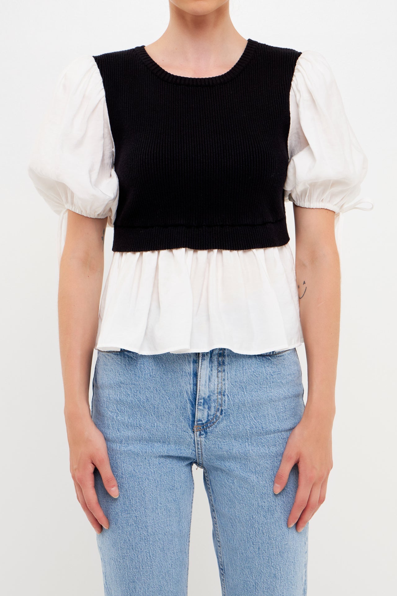 ENGLISH FACTORY - Mixed Media Puff Sleeve Knit Top - TOPS available at Objectrare