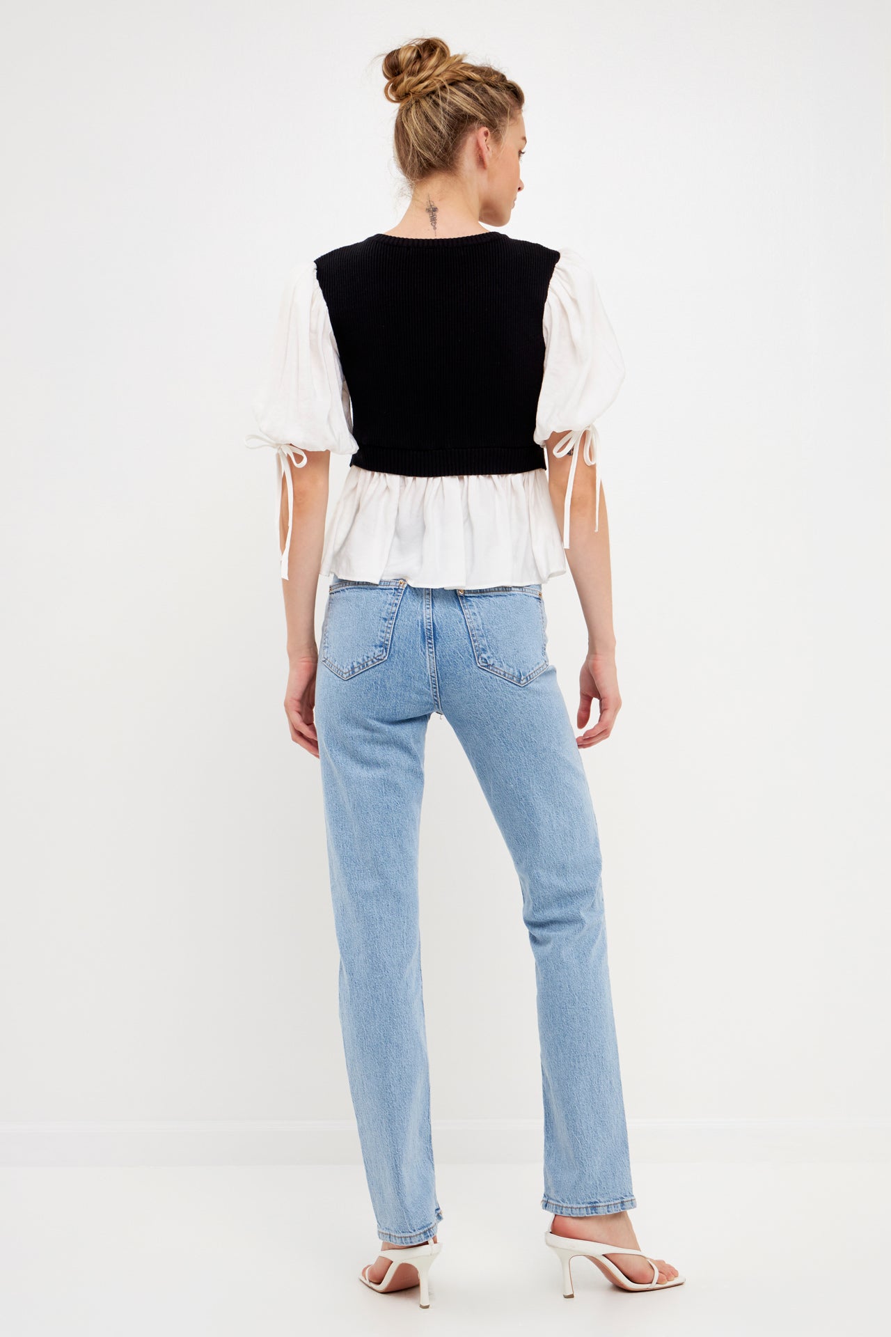 ENGLISH FACTORY - Mixed Media Puff Sleeve Knit Top - TOPS available at Objectrare