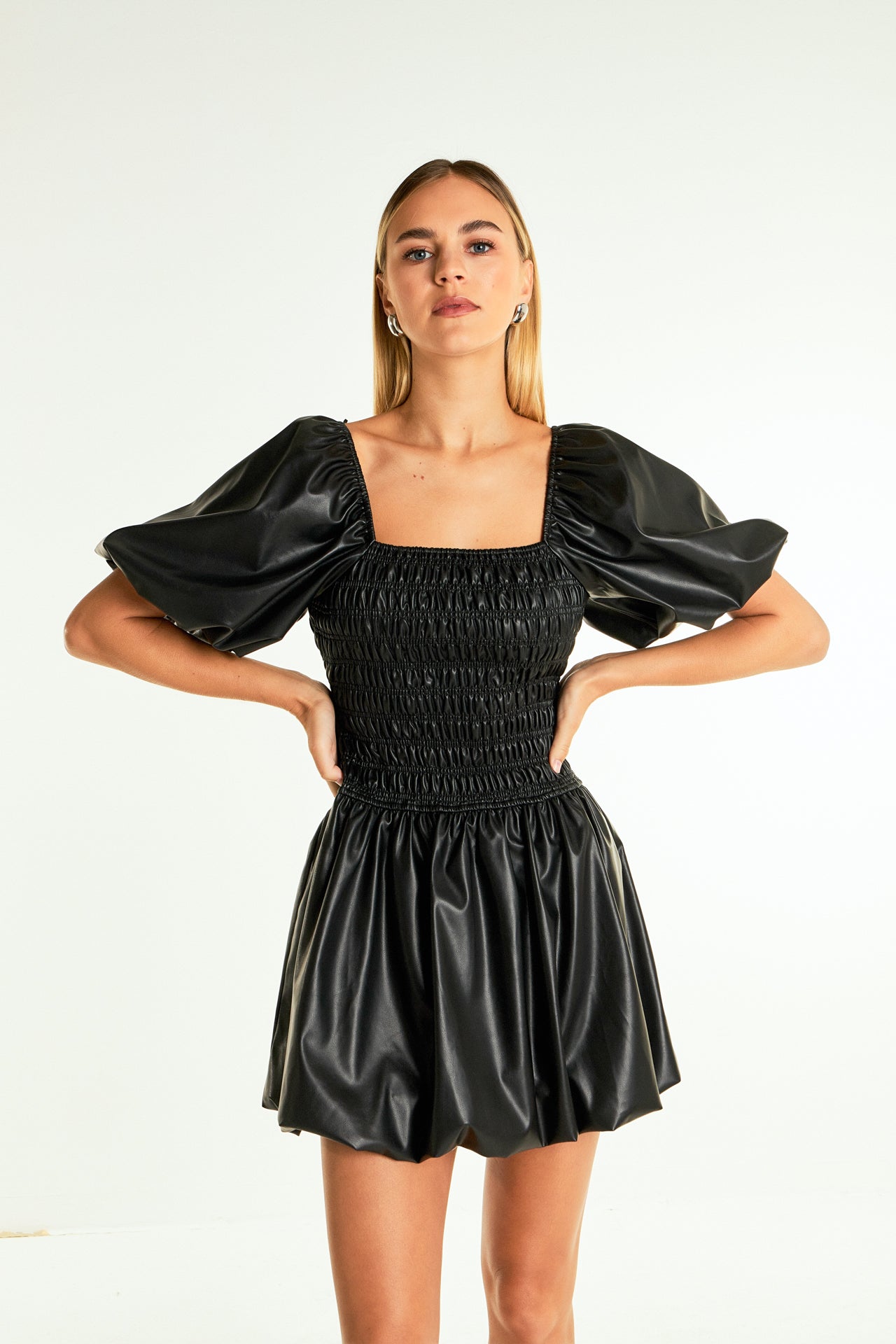 ENDLESS ROSE - Pu Smocked Balloon Detail Mini Dress - DRESSES available at Objectrare